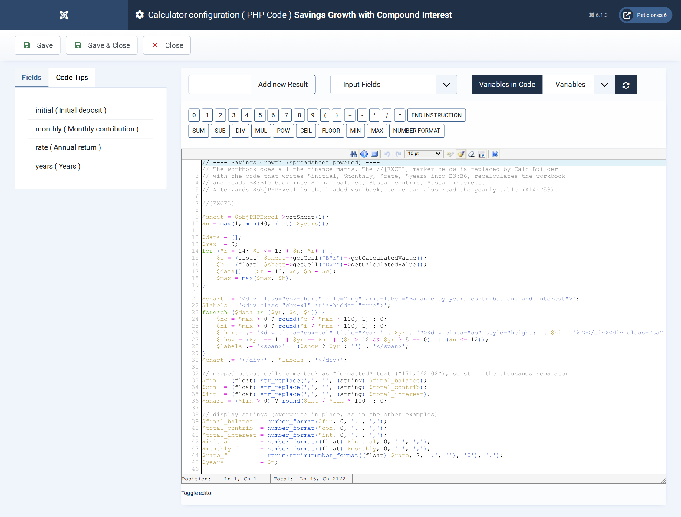 Savings Growth with Compound Interest - PHP Code screen