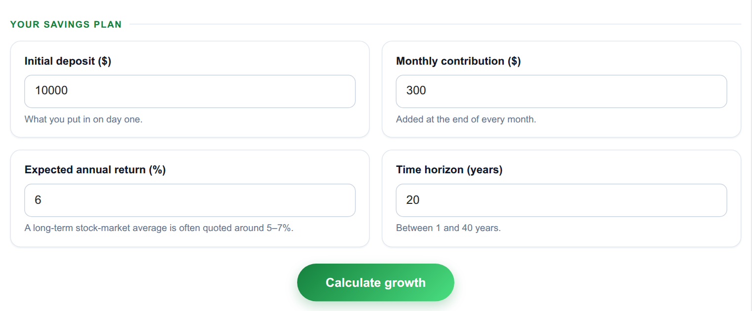 Savings Growth with Compound Interest - input form on the frontend