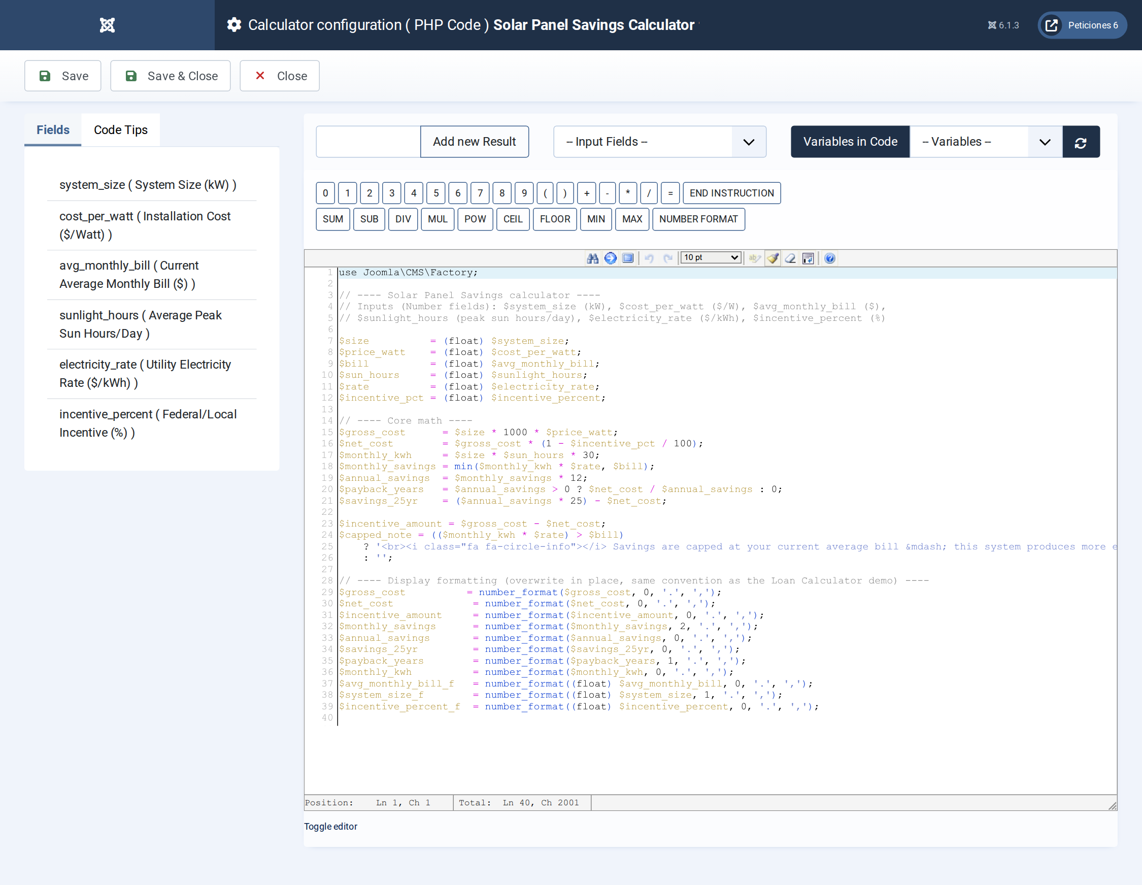 Solar Panel Savings Calculator - PHP Code admin screen