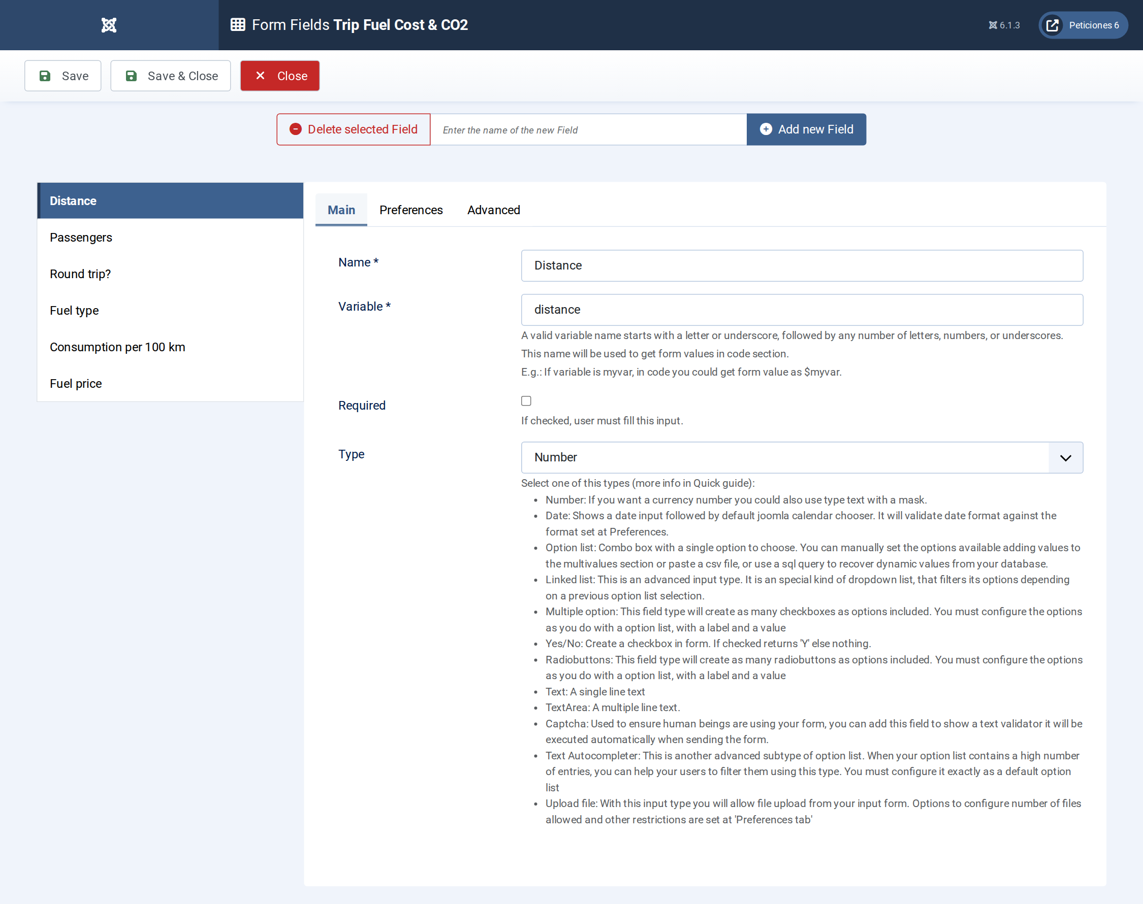 Trip Fuel Cost & CO2 - Form Fields admin screen