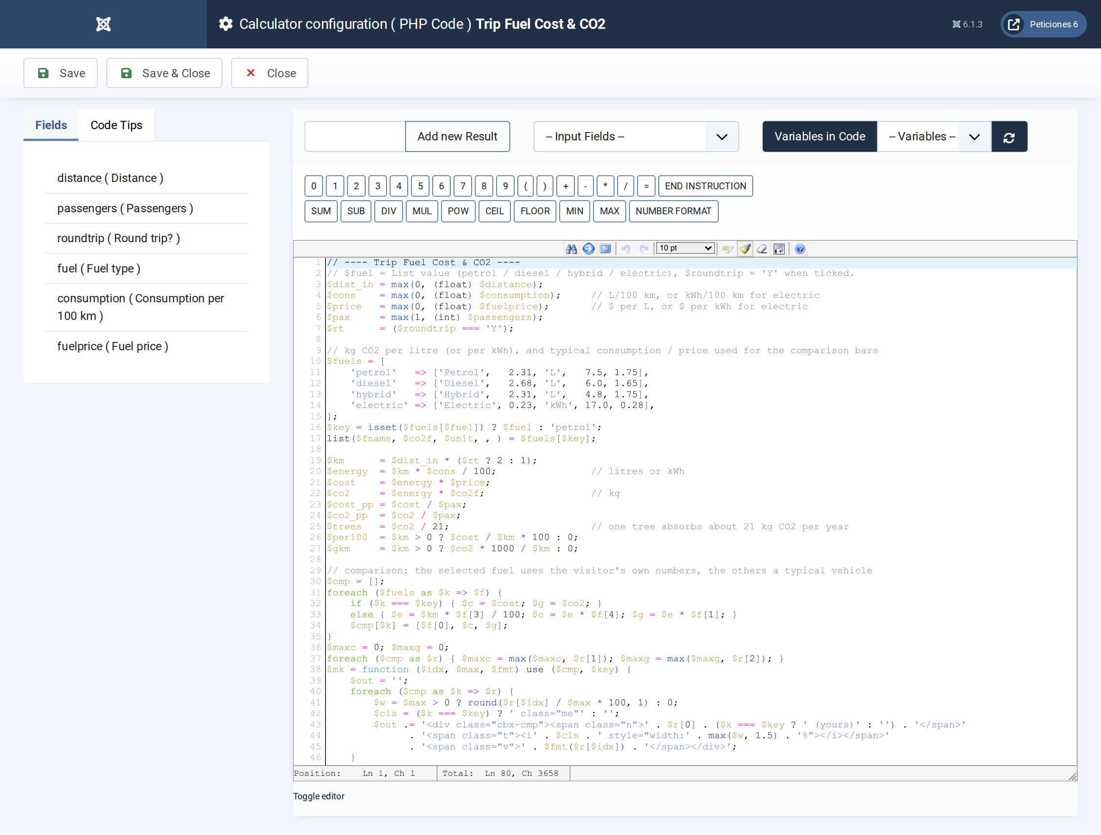 Trip Fuel Cost & CO2 - PHP Code admin screen
