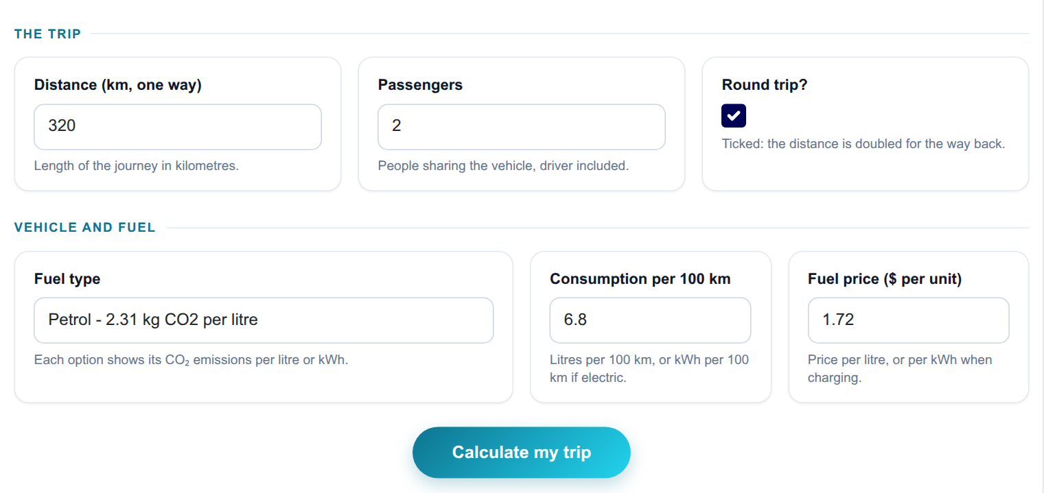 Trip Fuel Cost & CO2 - input form on the frontend