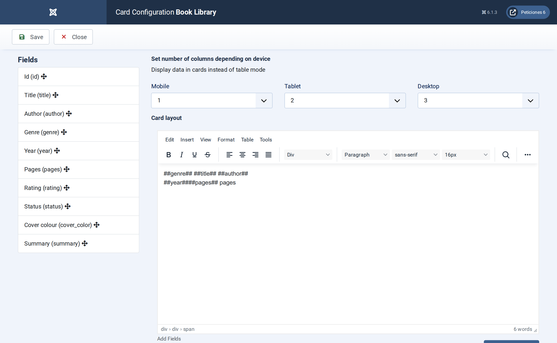 Book Library - Display configuration screen