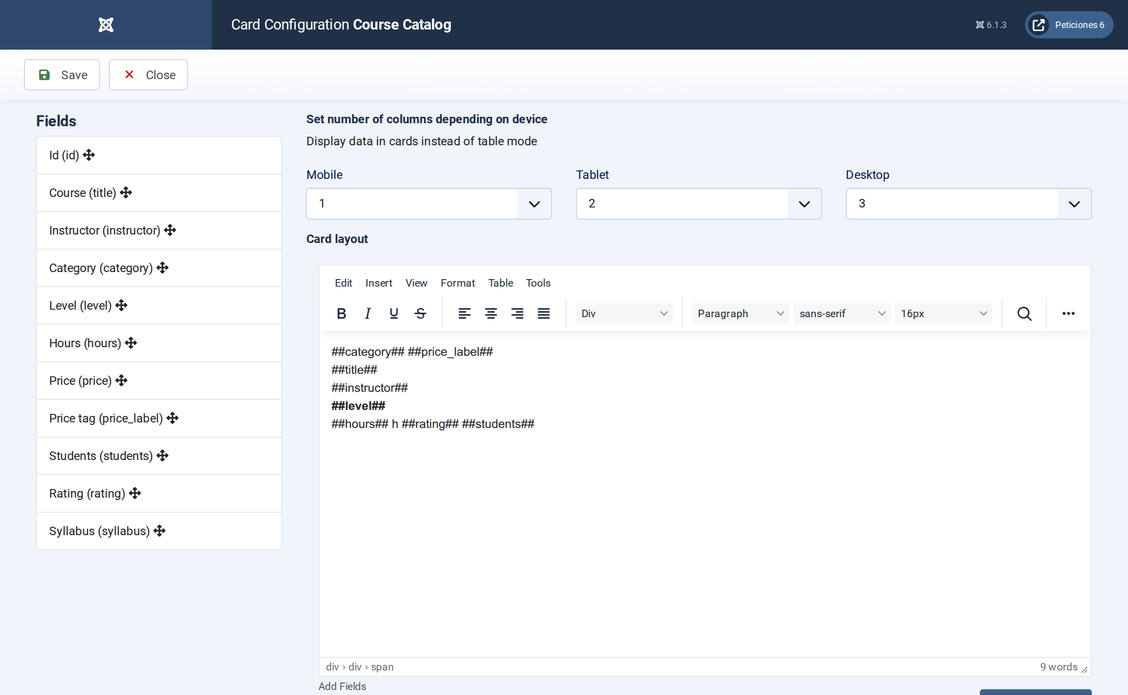 Course Catalog - Display configuration screen