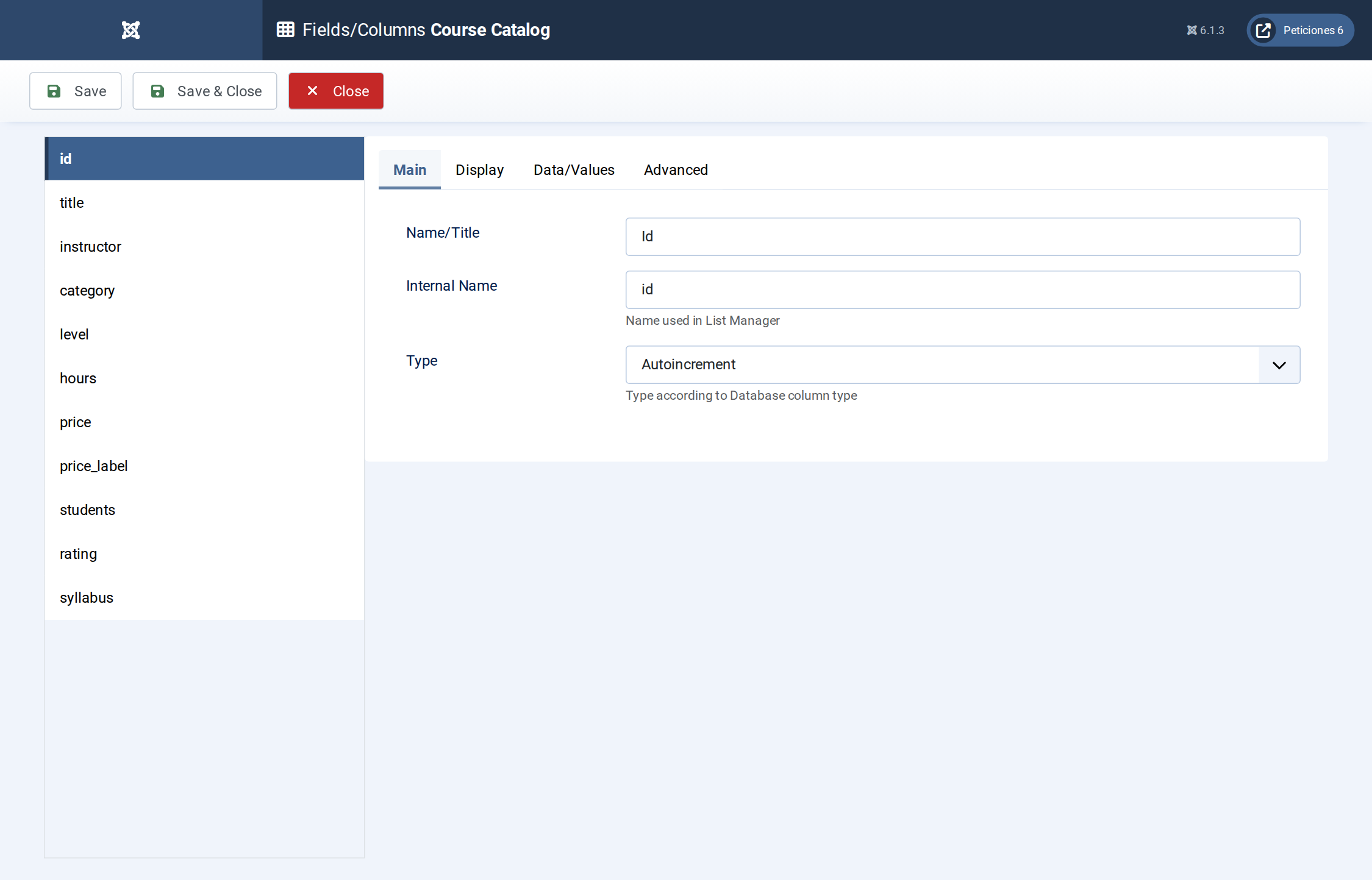 Course Catalog - Fields/Columns admin screen