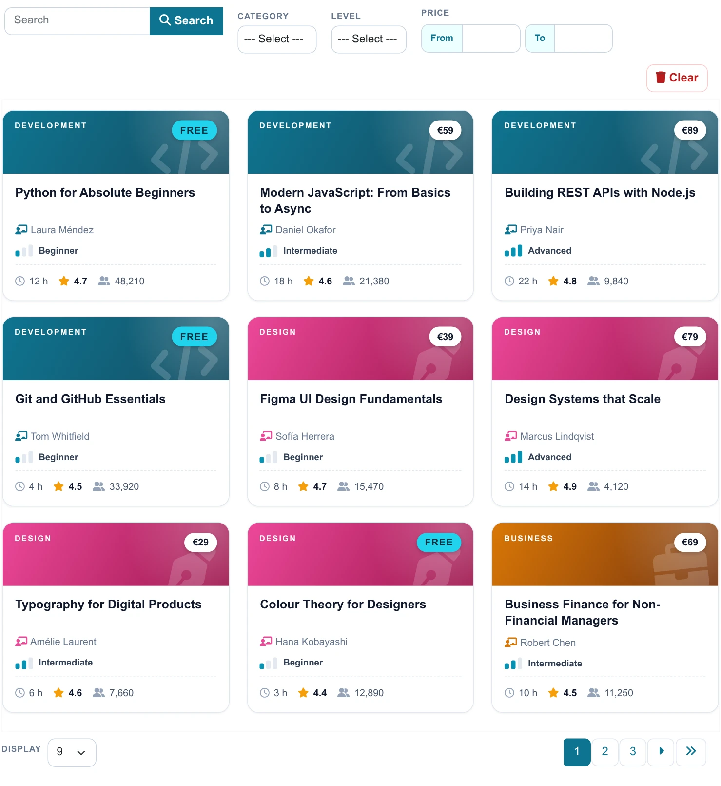 Course Catalog - the list on the frontend