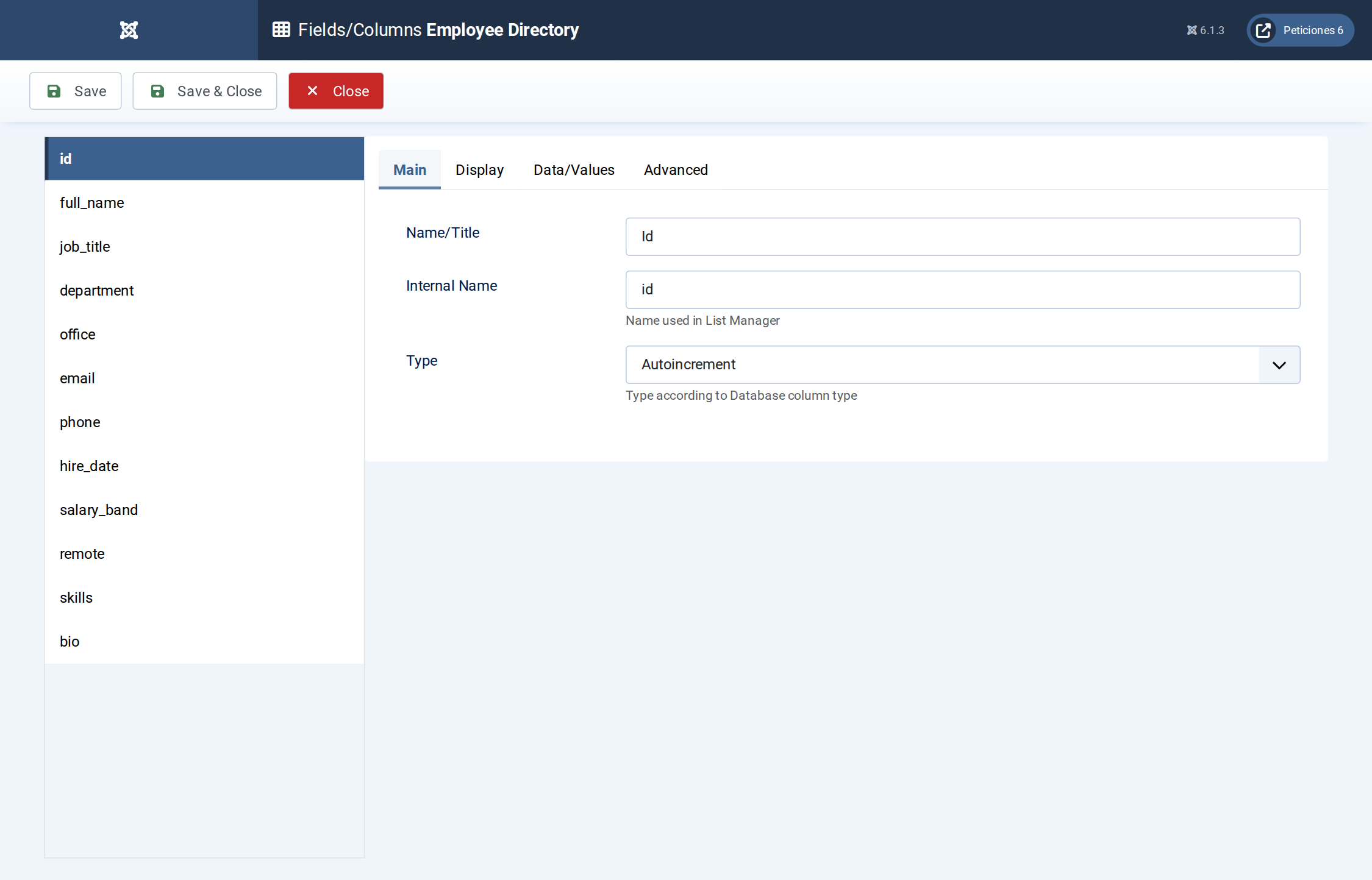 Employee Directory - Fields/Columns admin screen