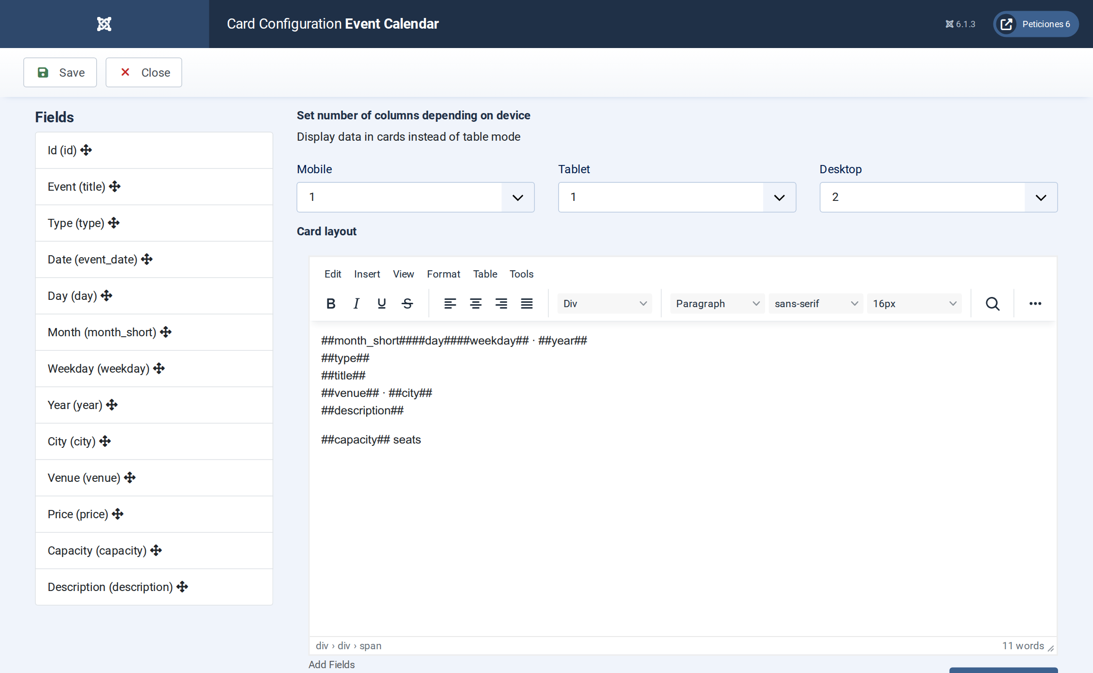 Event Calendar - Display configuration screen