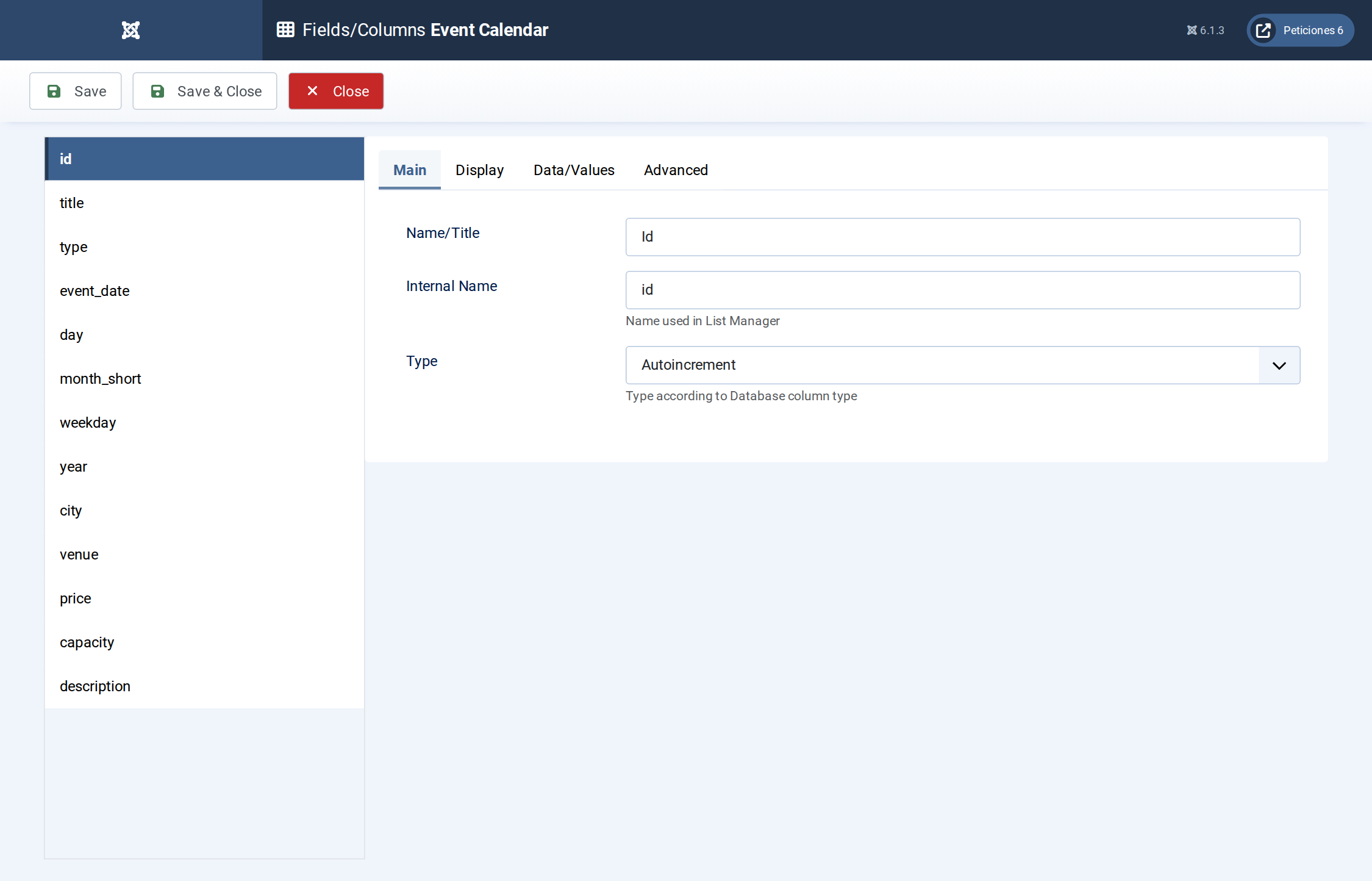 Event Calendar - Fields/Columns admin screen