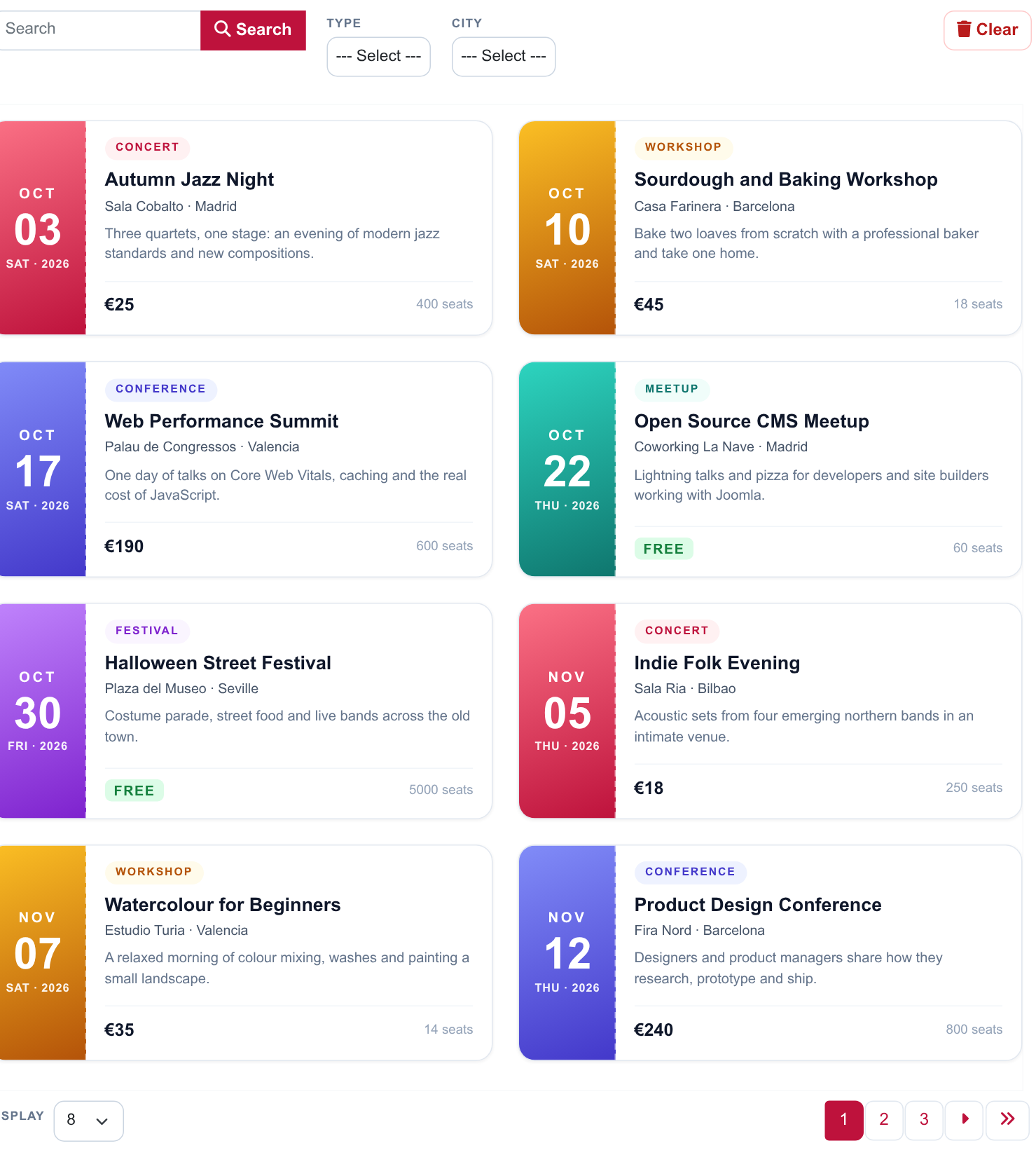 Event Calendar - the list on the frontend