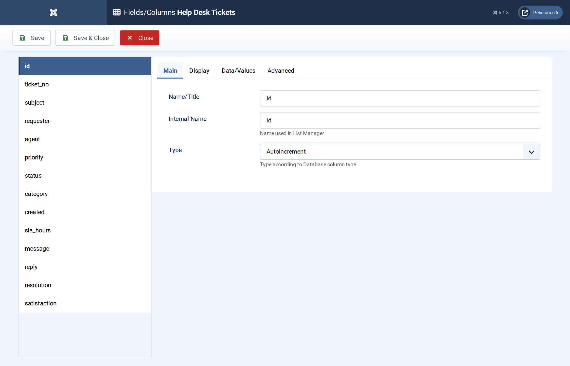 Help Desk Tickets - Fields/Columns admin screen