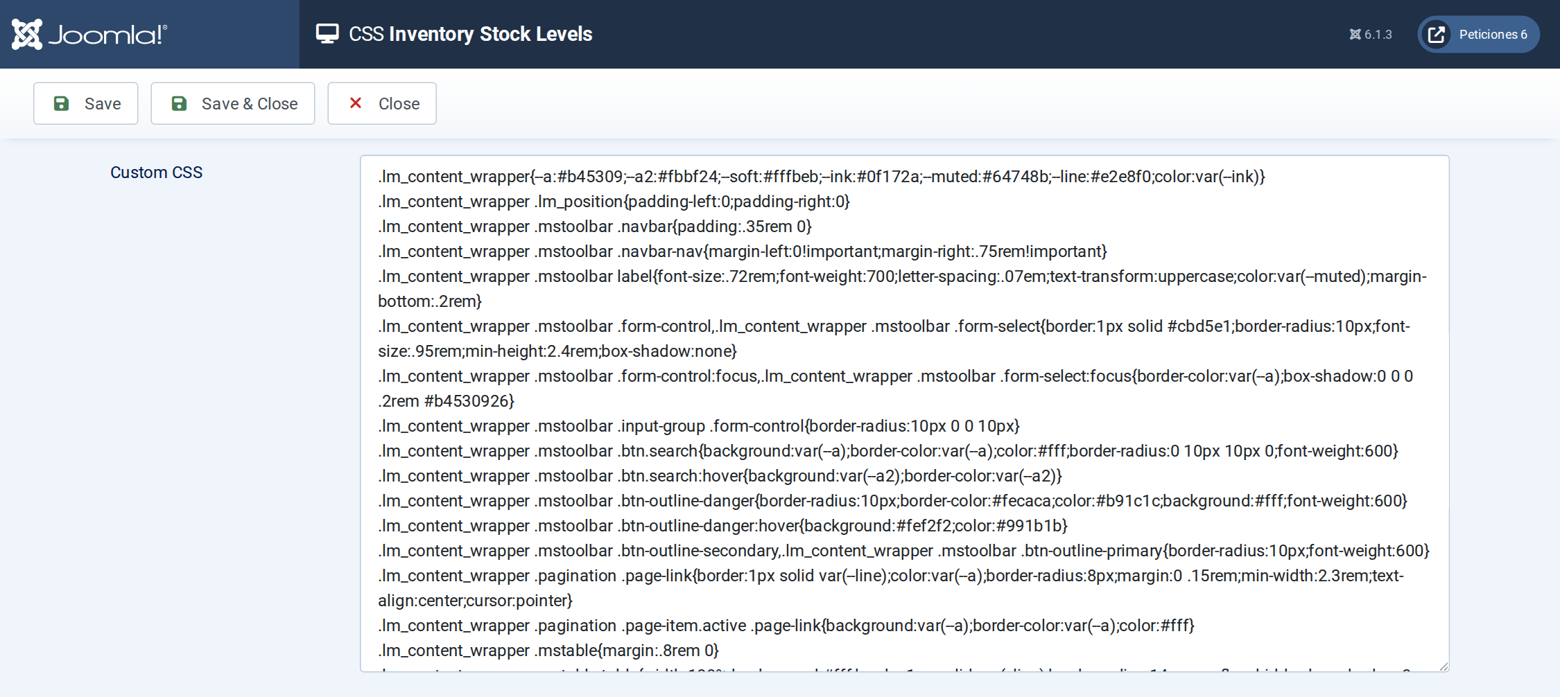 Inventory Stock Levels - CSS screen