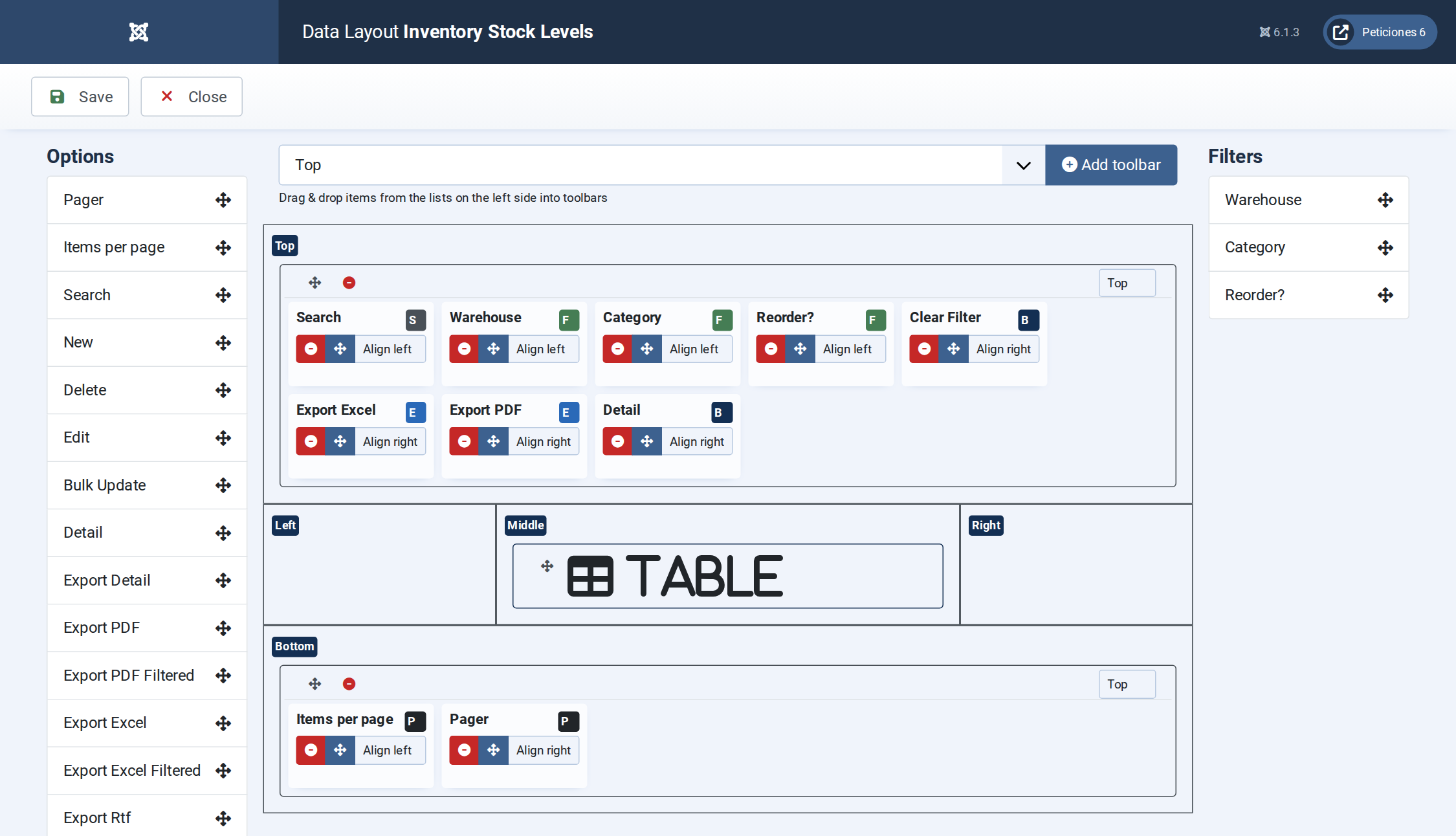 Inventory Stock Levels - Display configuration screen