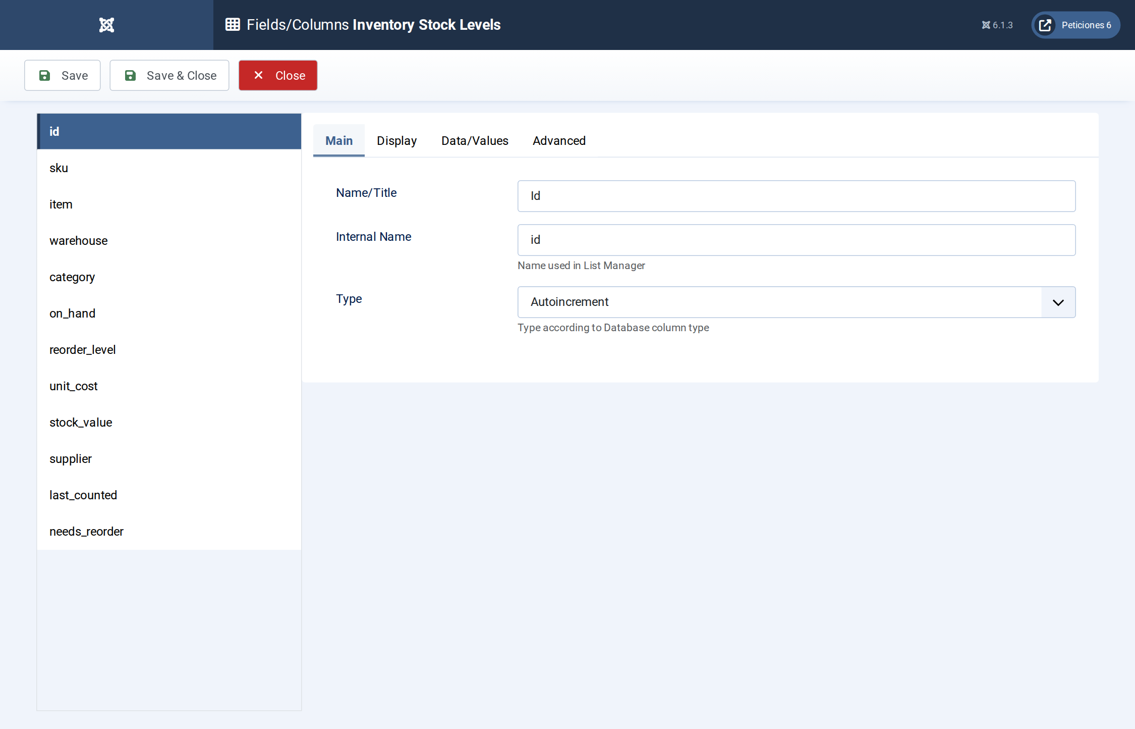 Inventory Stock Levels - Fields/Columns admin screen