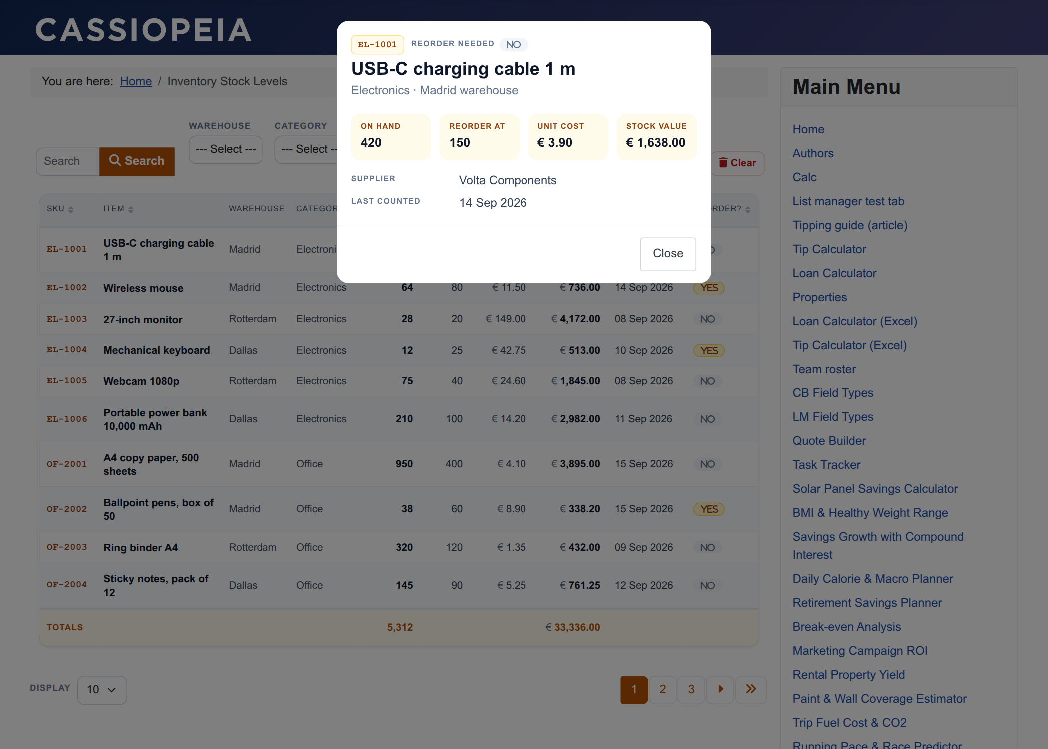 Inventory Stock Levels - detail view