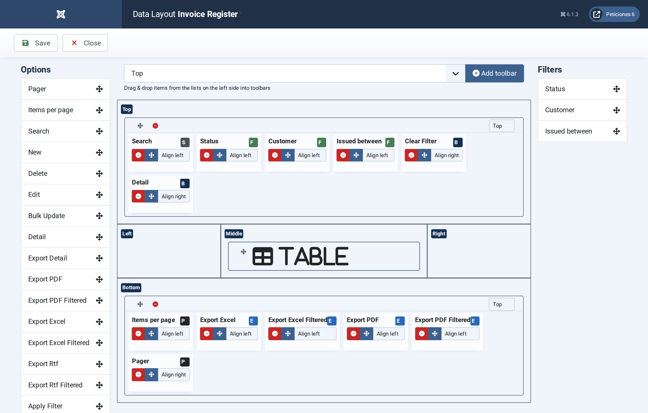 Invoice Register - Display configuration screen