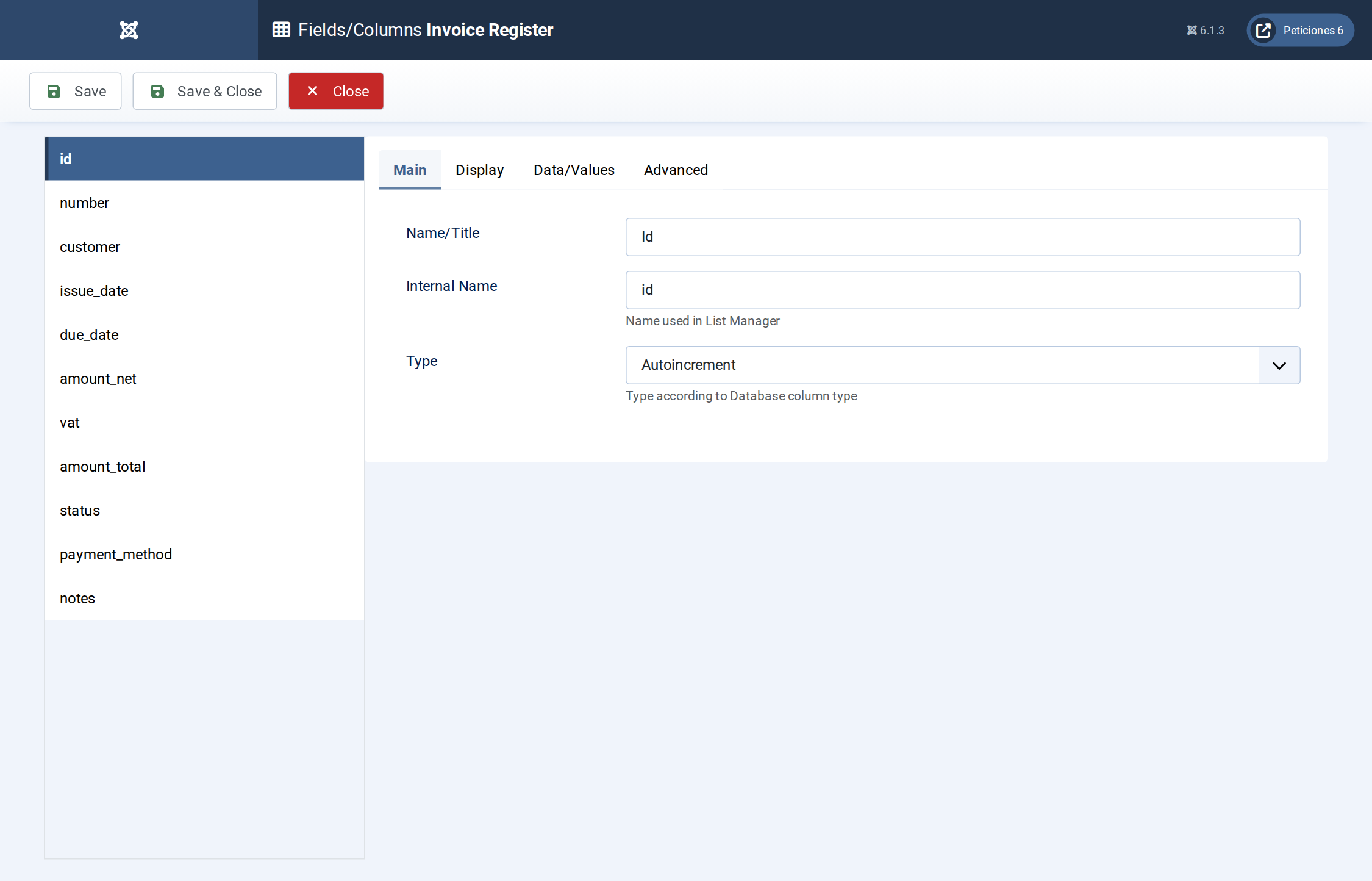 Invoice Register - Fields/Columns admin screen