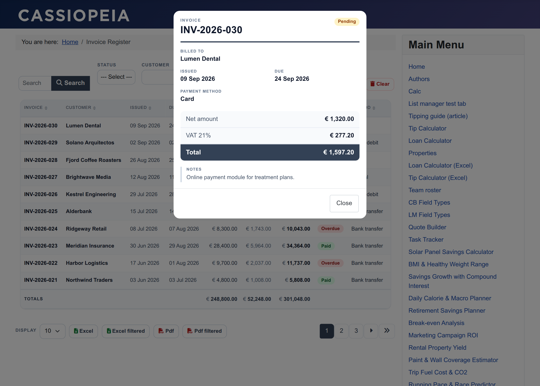 Invoice Register - detail view