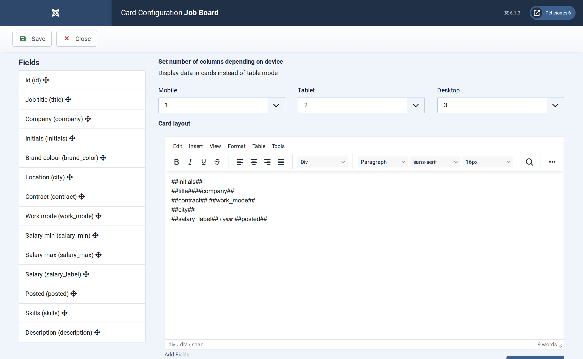 Job Board - Display configuration screen