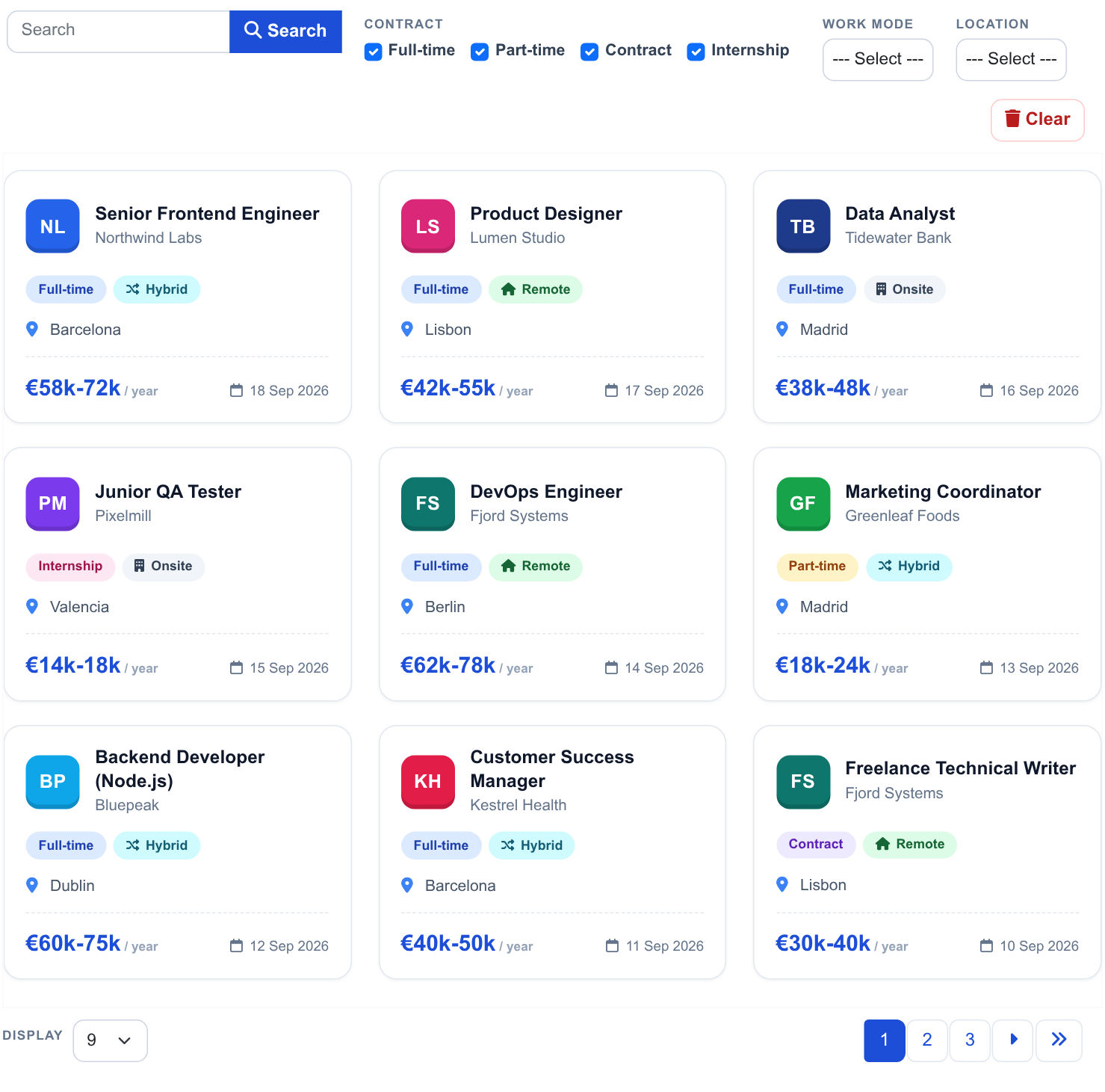Job Board - the list on the frontend