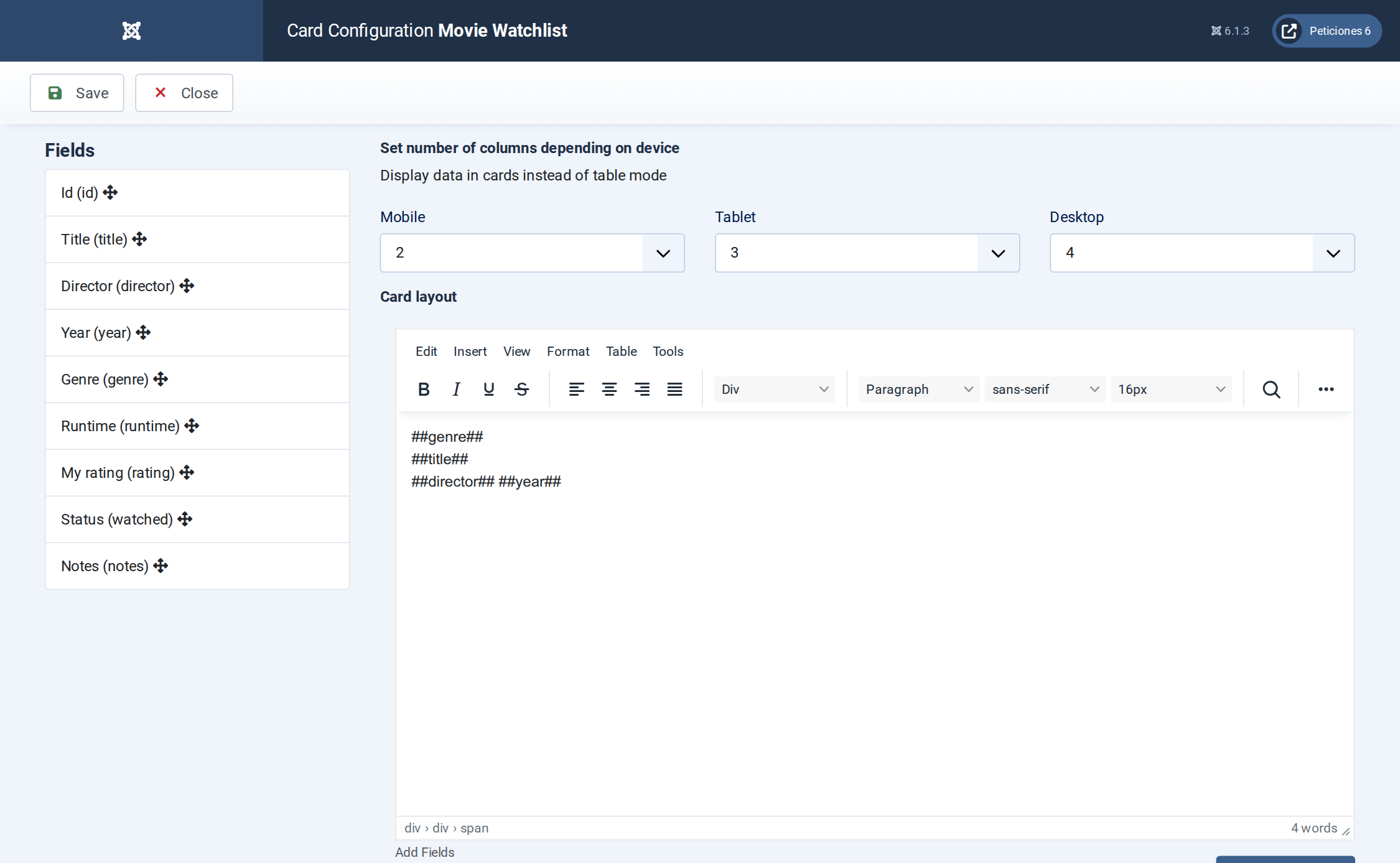 Movie Watchlist - Display configuration screen