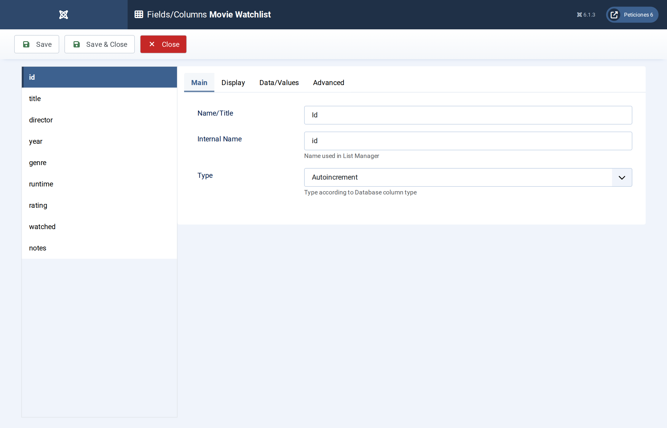 Movie Watchlist - Fields/Columns admin screen