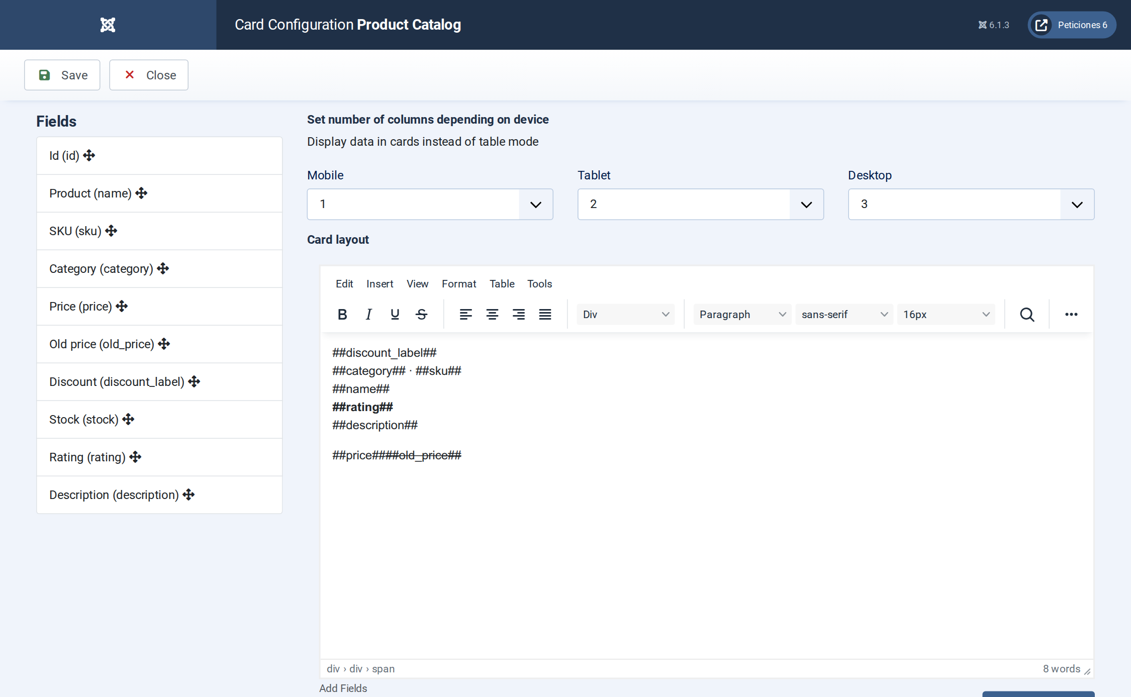 Product Catalog - Display configuration screen