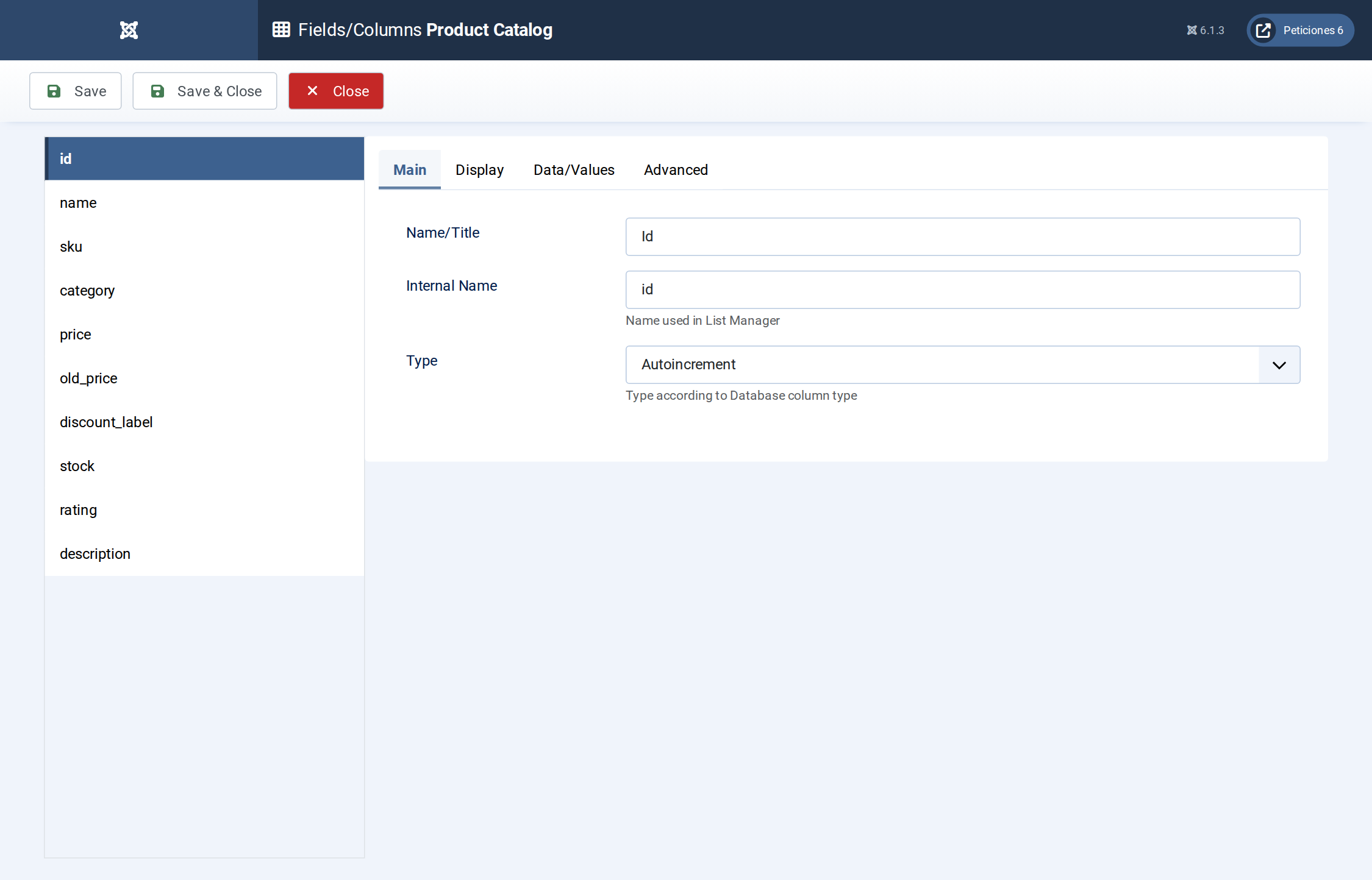 Product Catalog - Fields/Columns admin screen