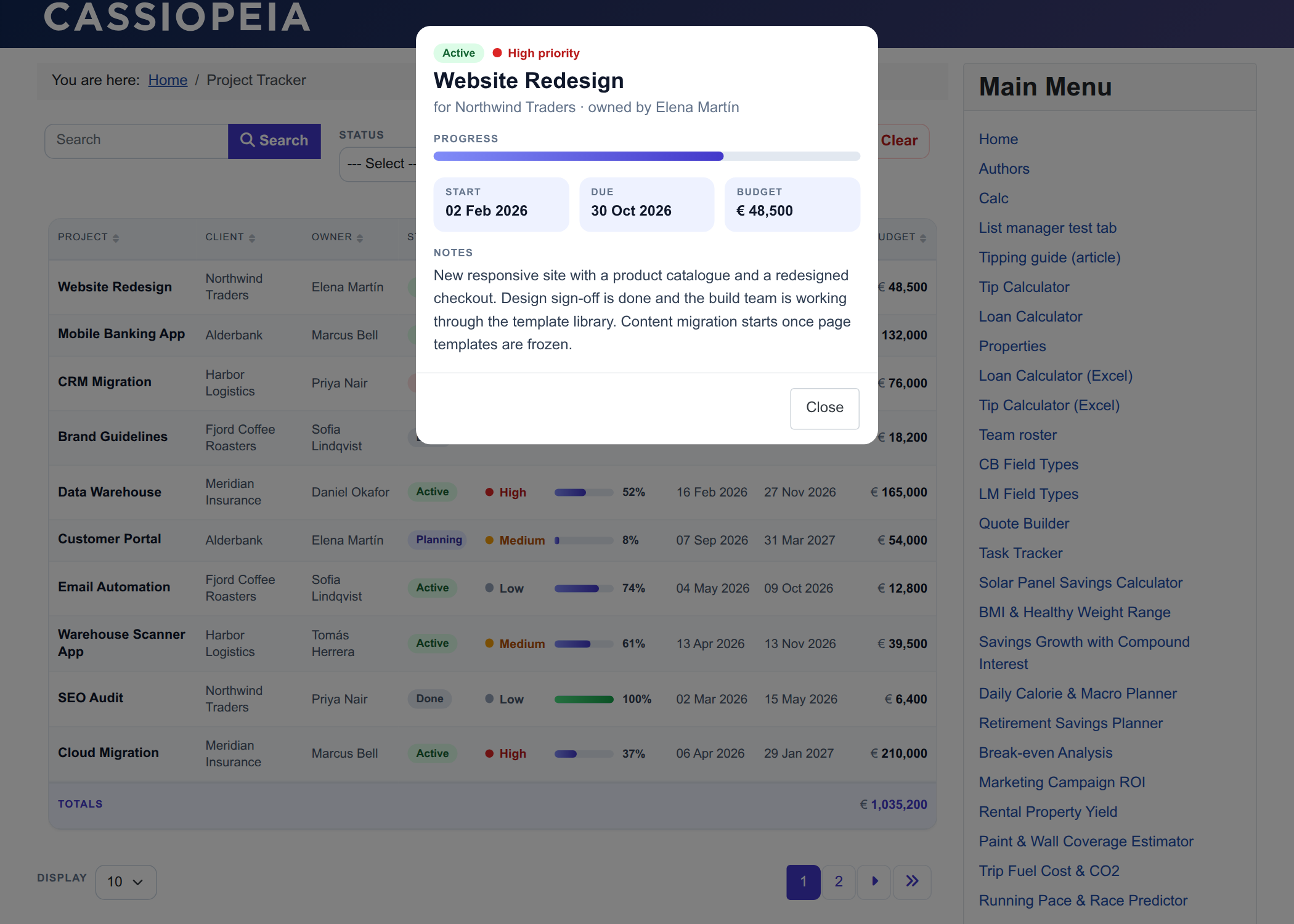 Project Tracker - detail view