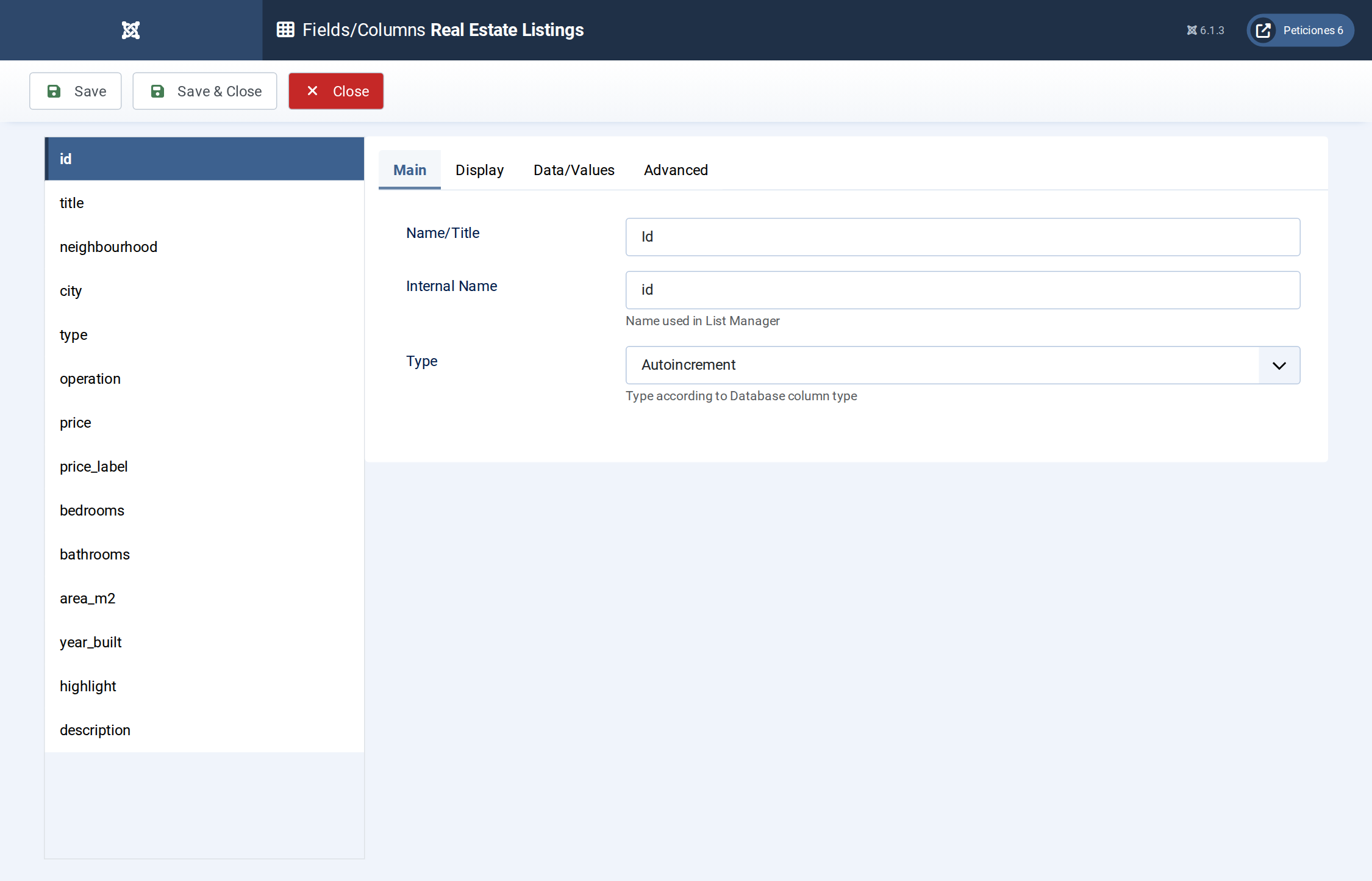 Real Estate Listings - Fields/Columns admin screen
