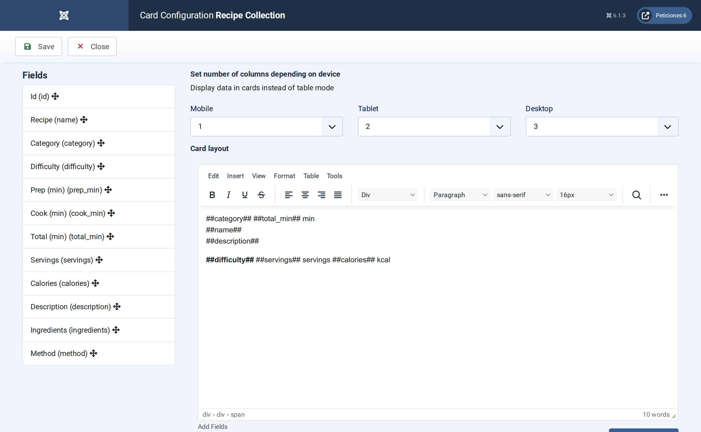 Recipe Collection - Display configuration screen