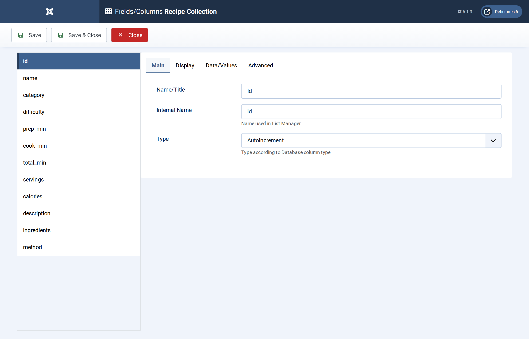 Recipe Collection - Fields/Columns admin screen