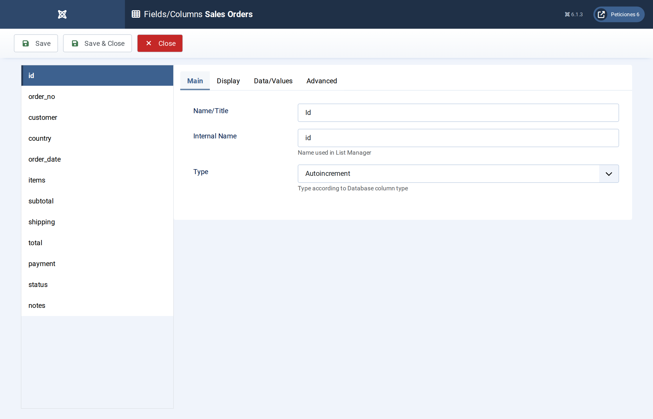 Sales Orders - Fields/Columns admin screen