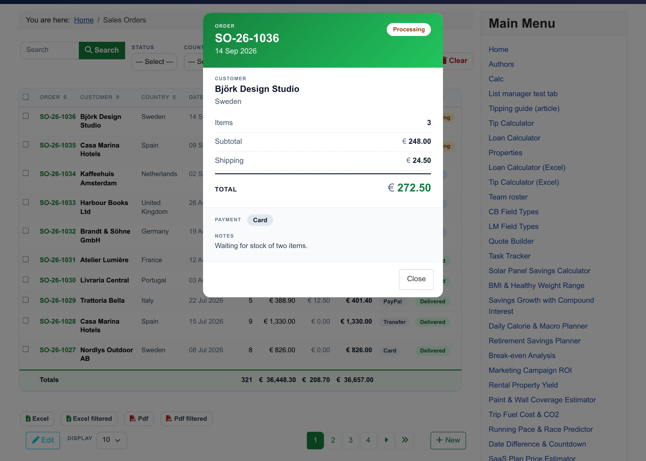 Sales Orders - detail view