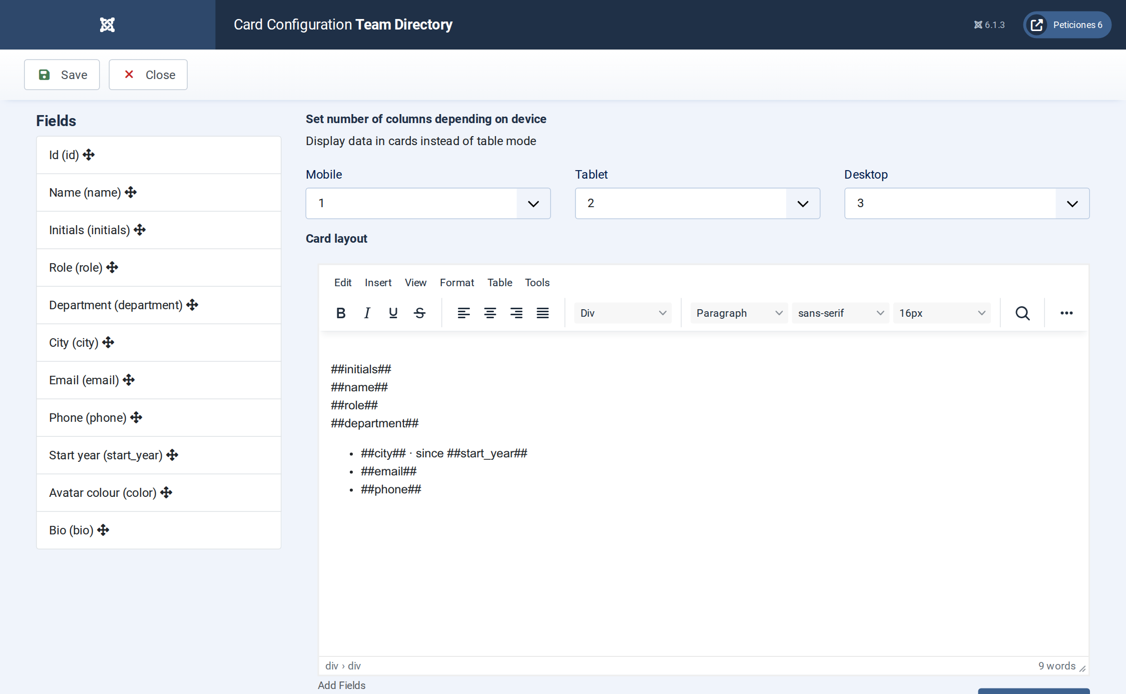 Team Directory - Display configuration screen