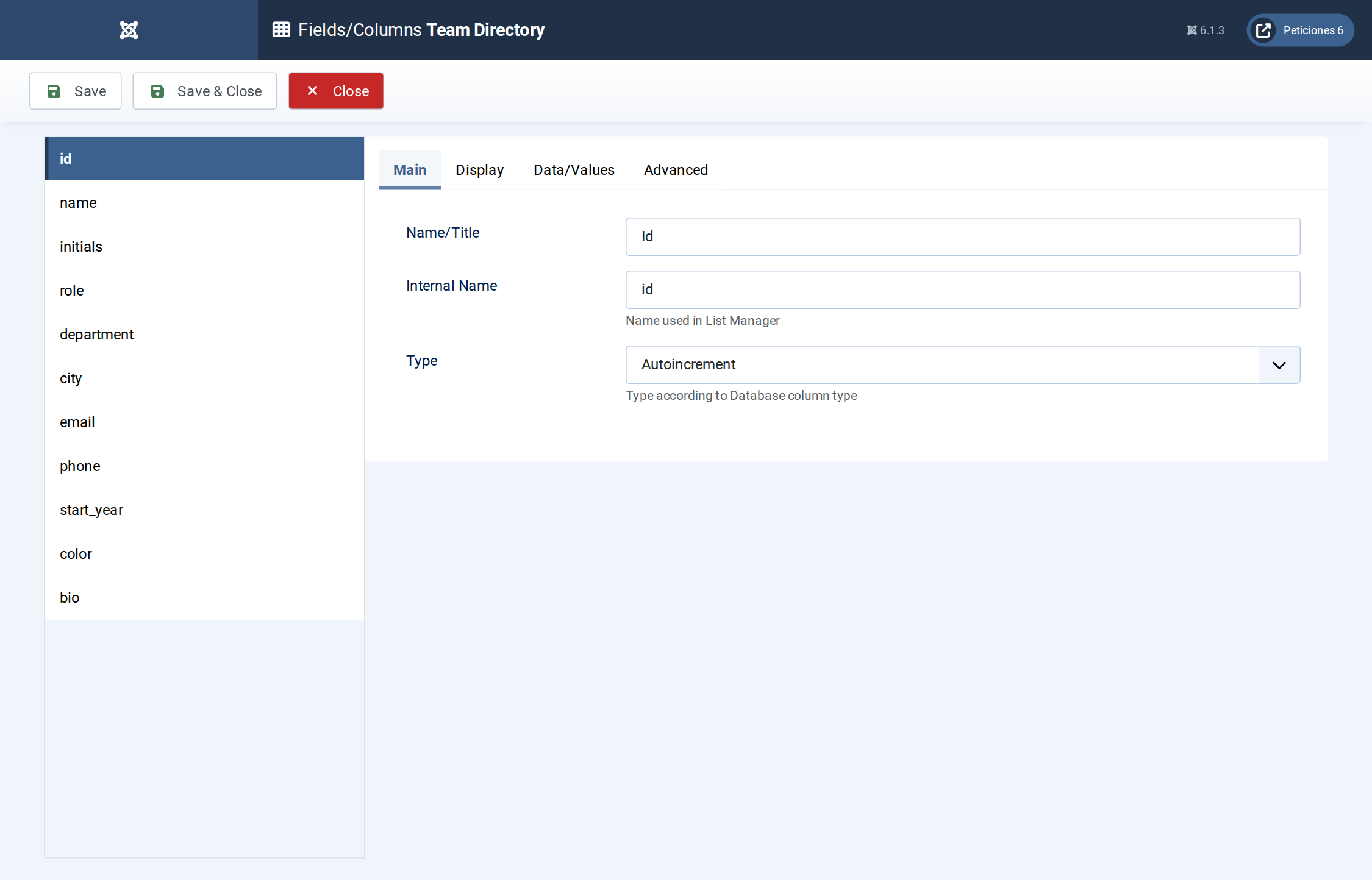 Team Directory - Fields/Columns admin screen