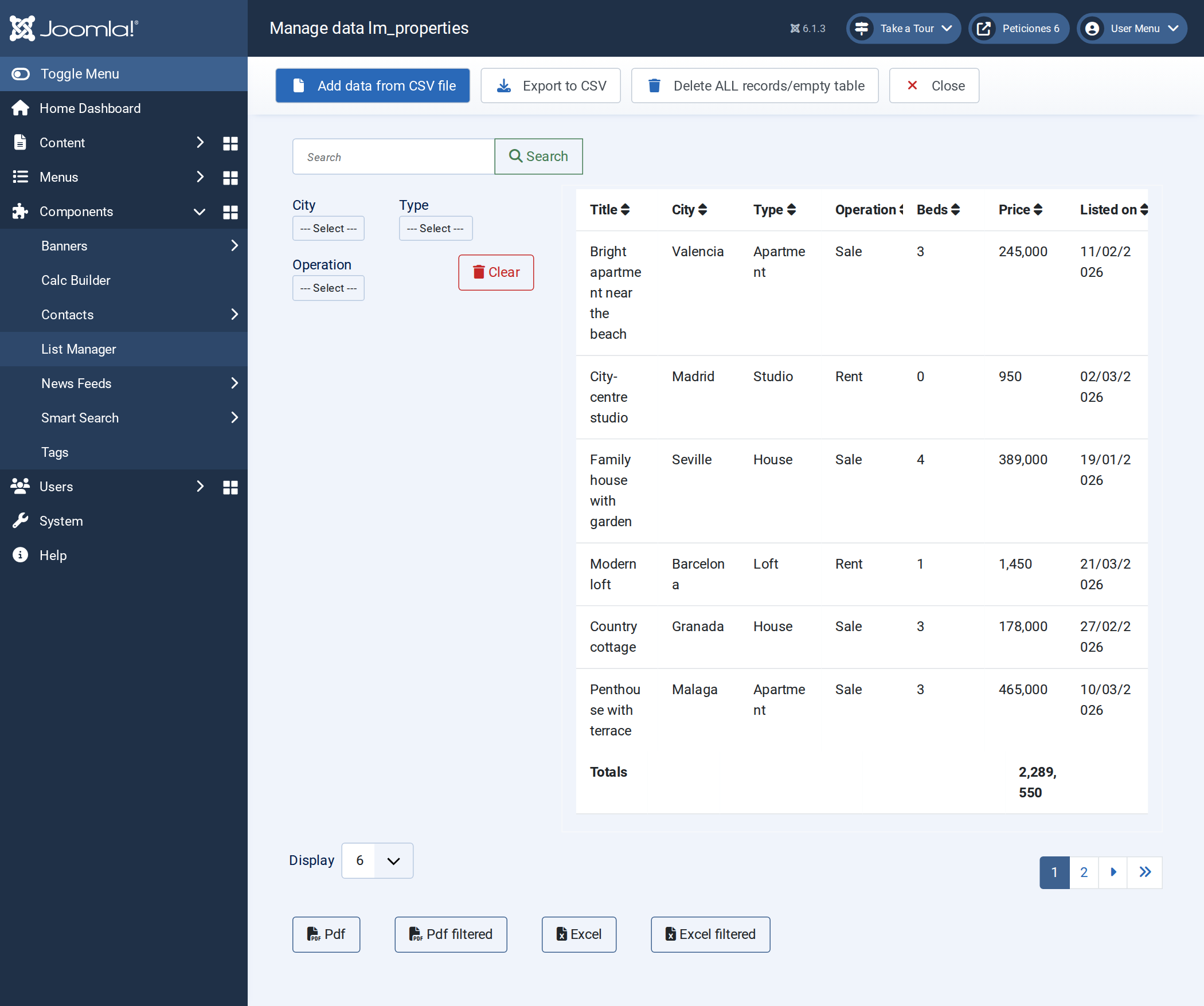 The back-end data grid for a list &mdash; same search, filters, totals and pager as the front end, plus a CSV import/export toolbar.
