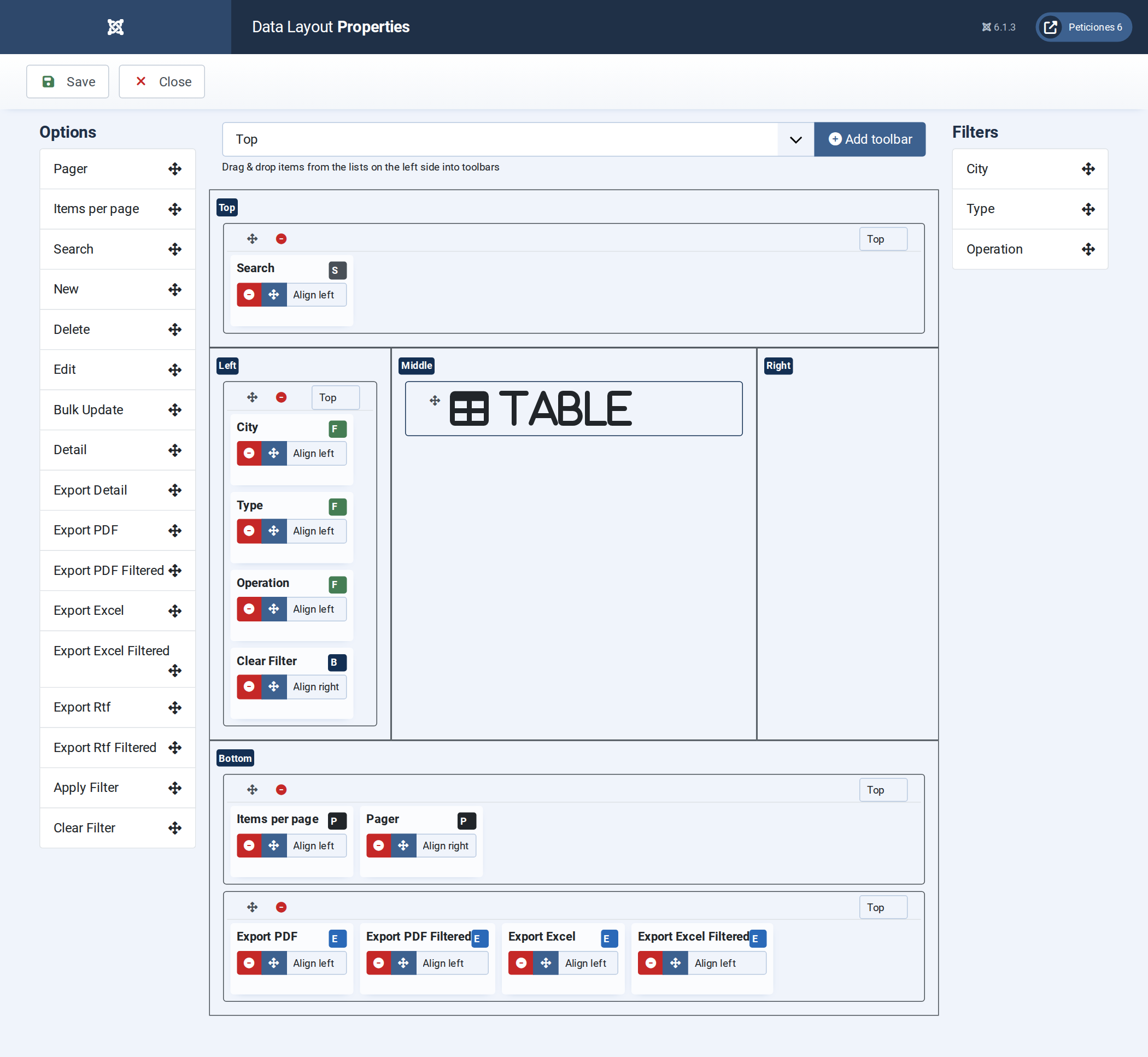 The Data Layout screen: drag widgets from the left into the Top / Left / Right / Bottom toolbars around the table.