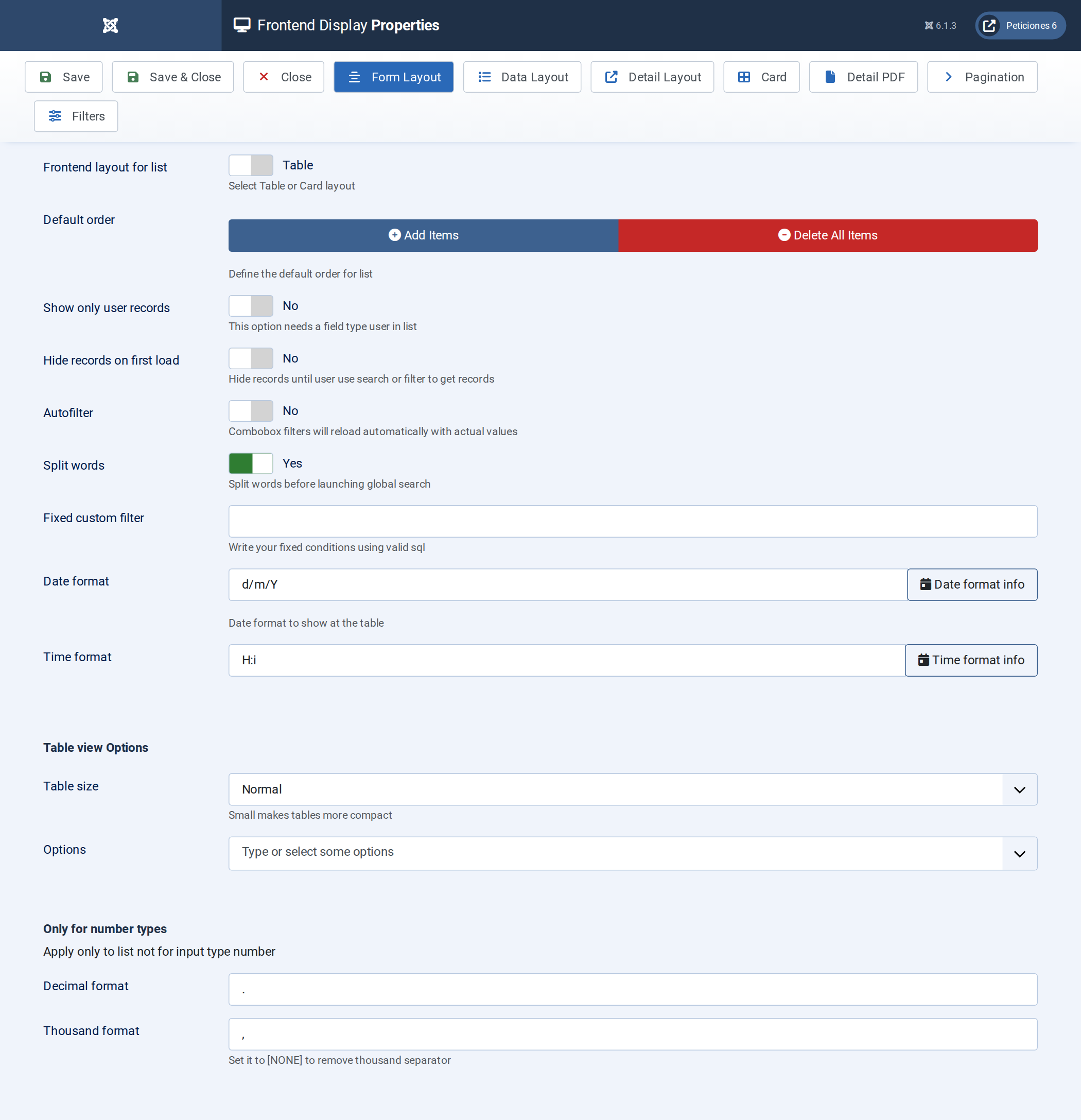 Frontend Display general settings