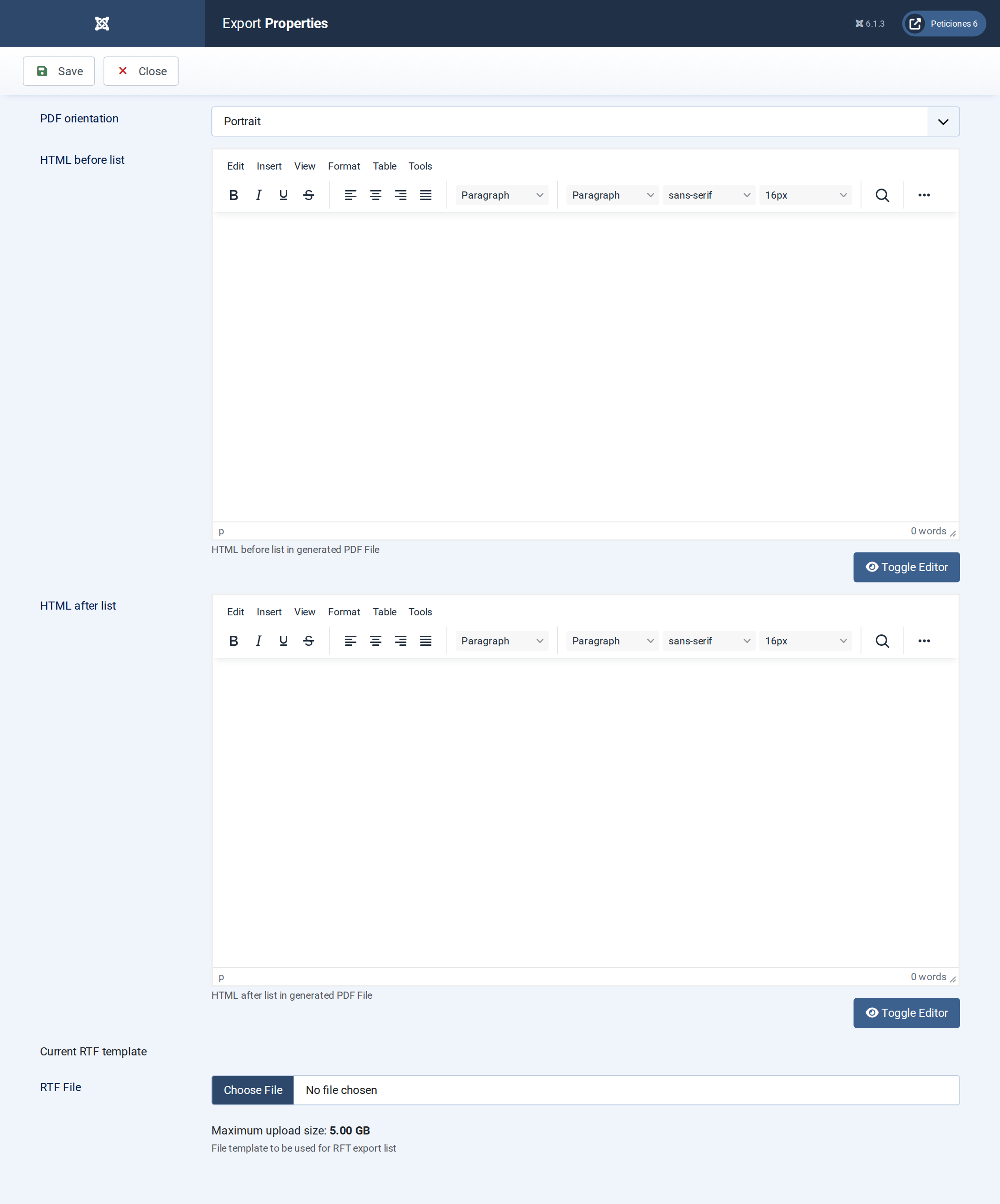Export configuration