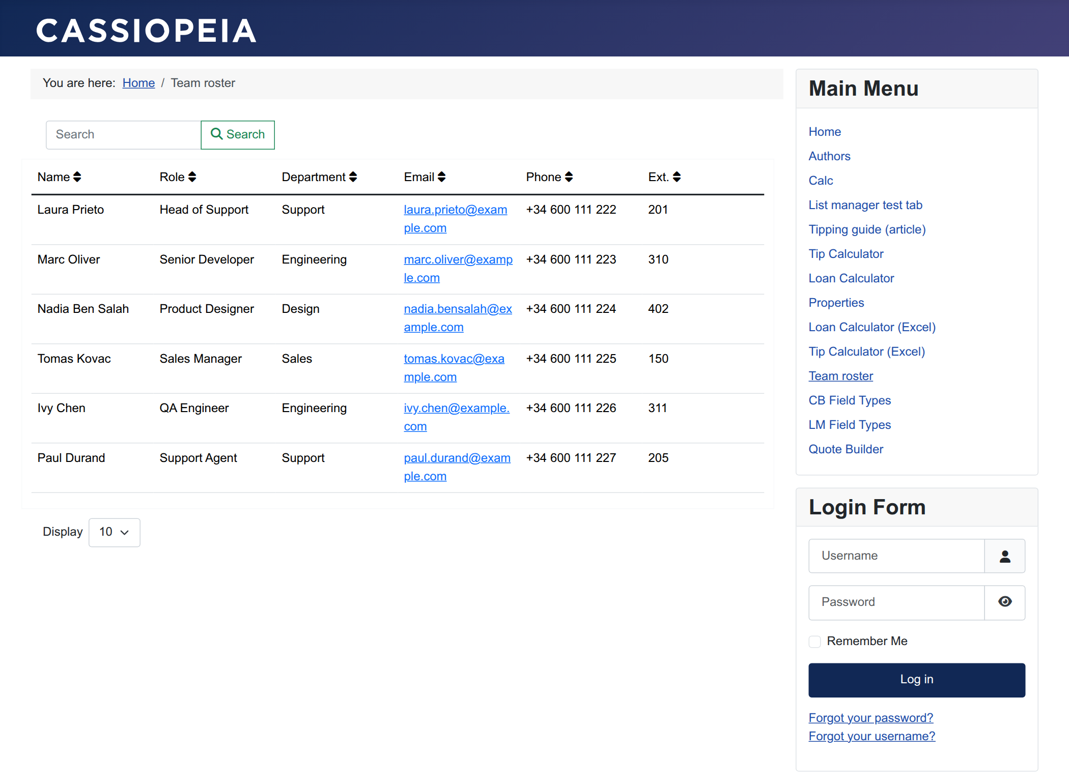 Public &ldquo;Team roster&rdquo;: search and a sortable table, nothing editable.