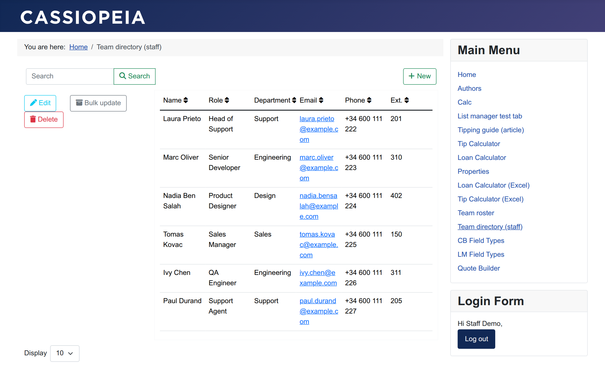 Staff &ldquo;Team directory&rdquo; (after login): the same rows, plus New / Edit / Bulk update / Delete.