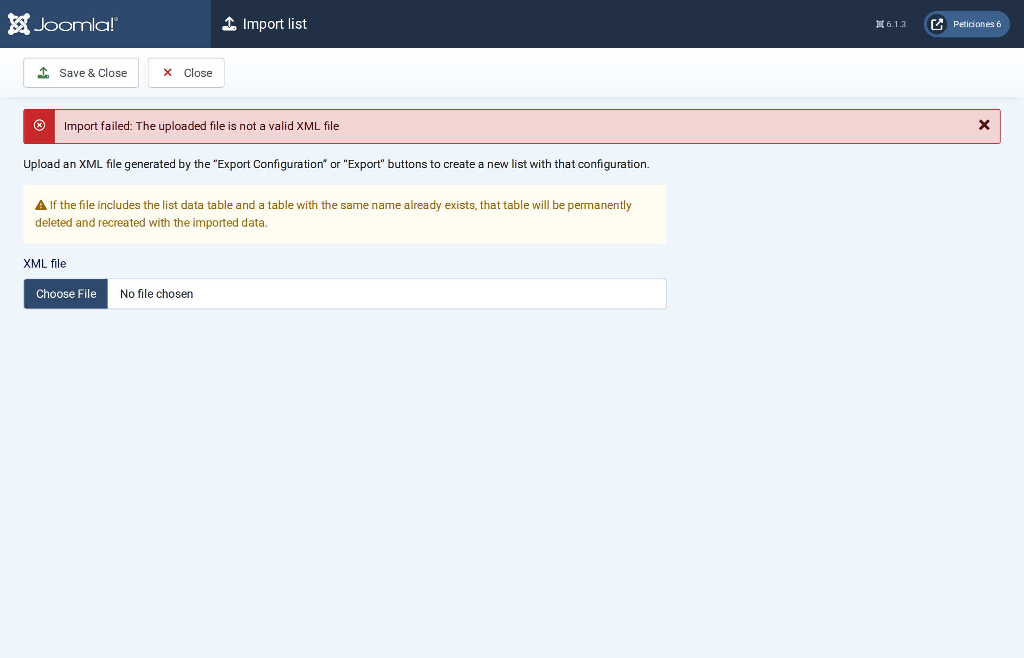 Import failed: The uploaded file is not a valid XML file Import failed: The uploaded file is not a valid XML file