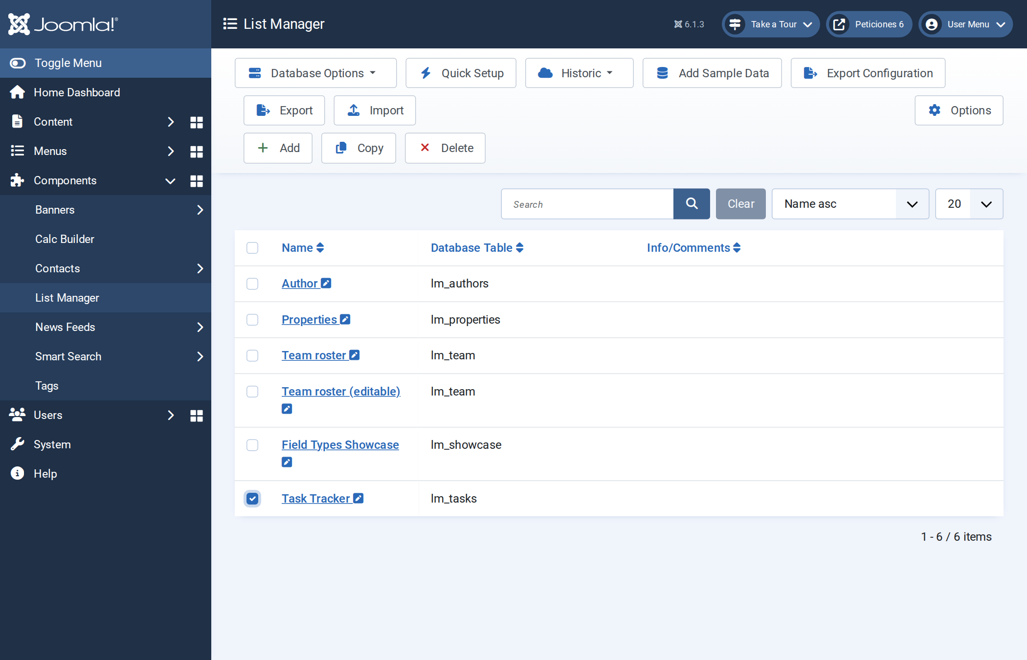 The Export Configuration, Export and Import buttons on the List Manager toolbar, with one list ticked The Export Configuration, Export and Import buttons on the List Manager toolbar, with one list ticked