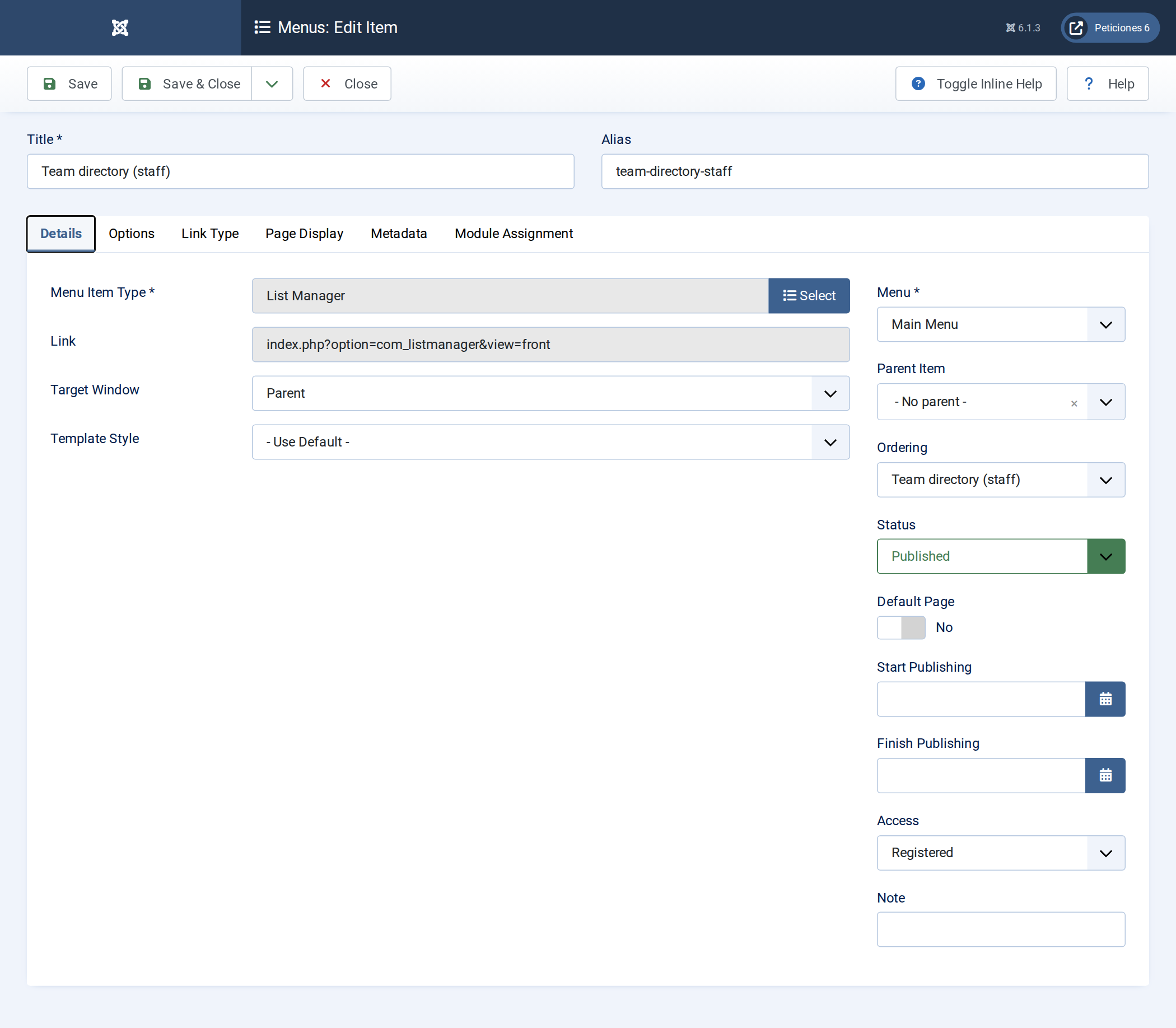 Menu item for the editable list: Access set to Registered, so only logged-in users can open it and even see the link.