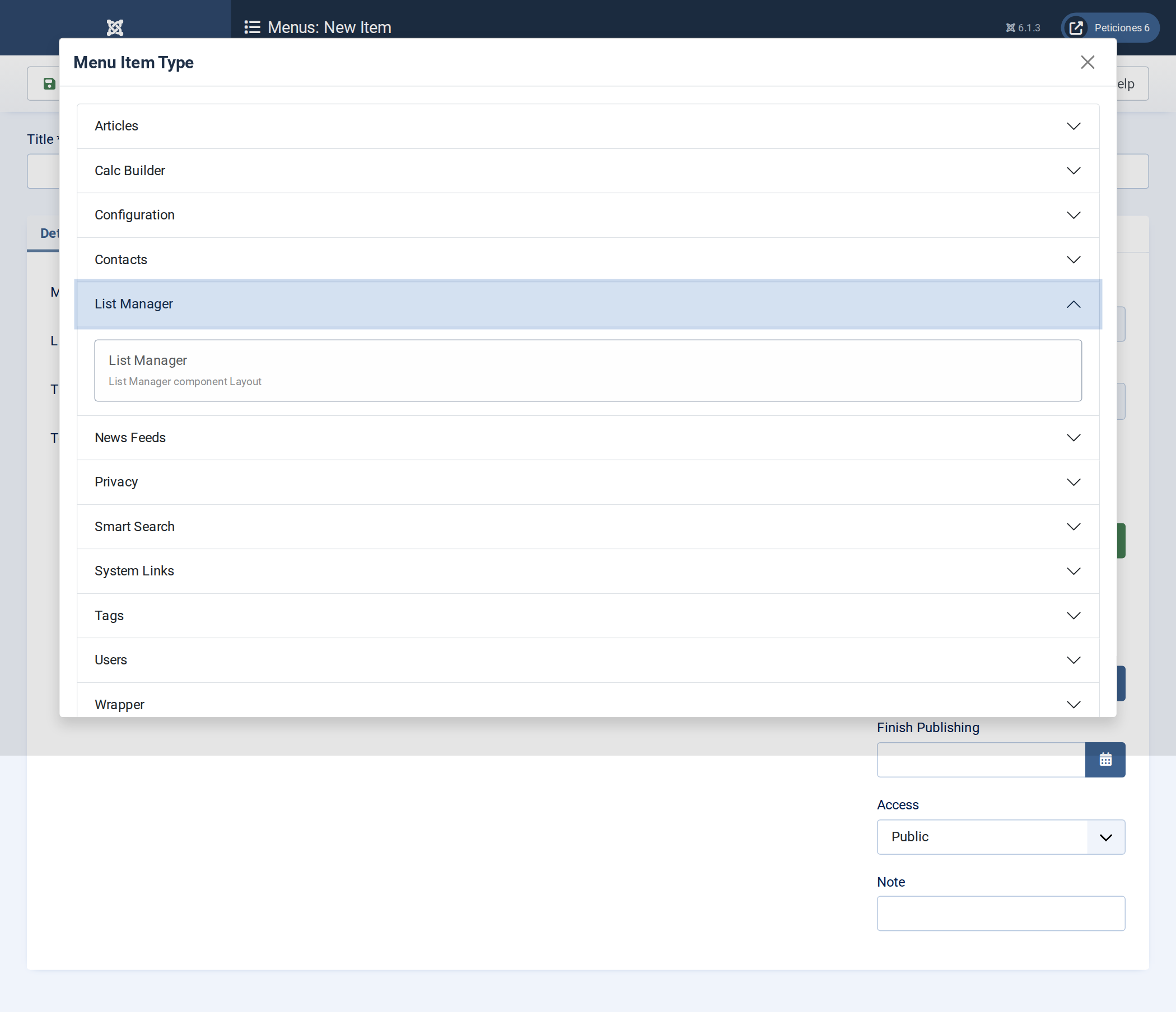 Choosing the List Manager menu item type