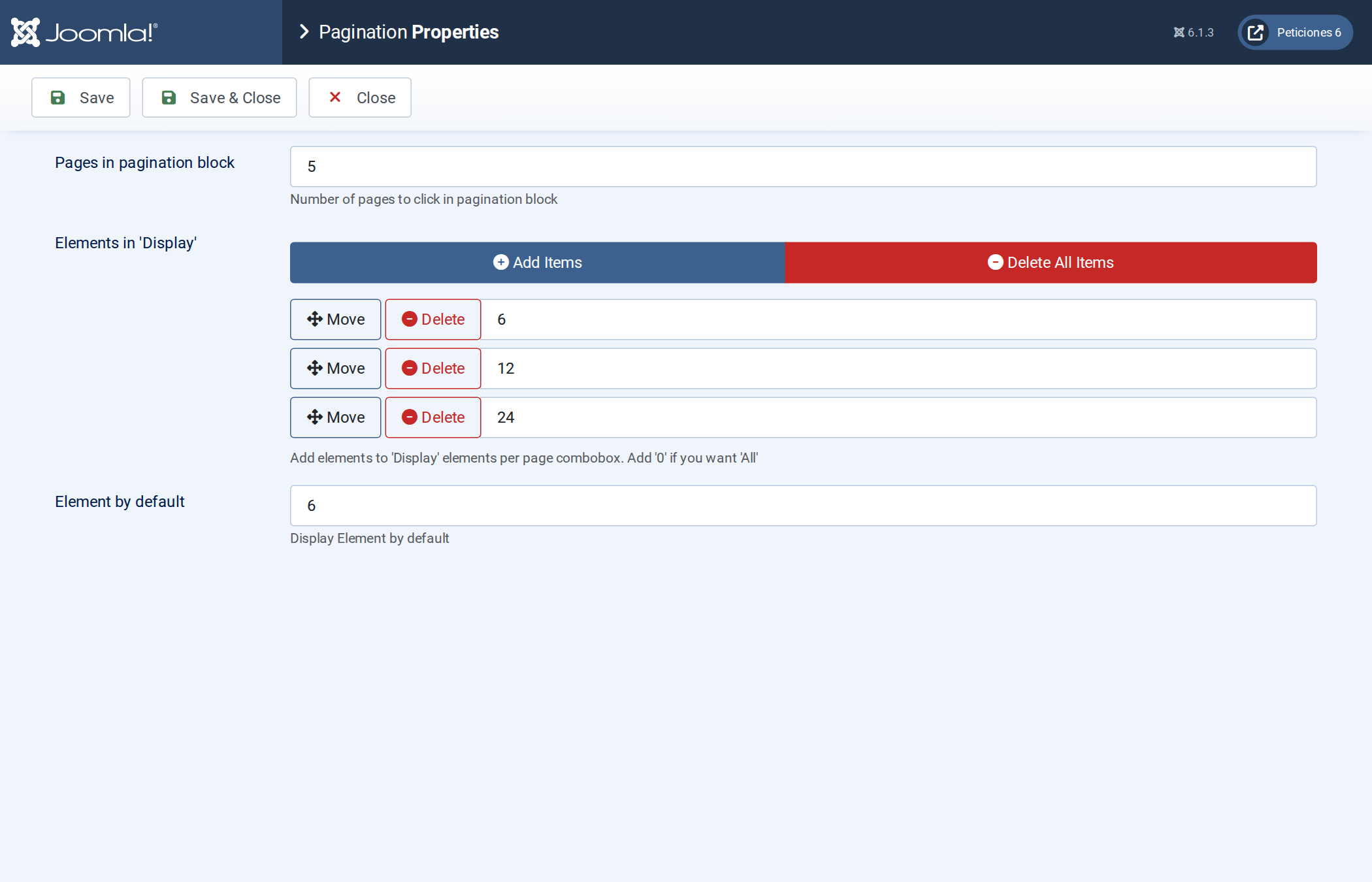 Pagination configuration