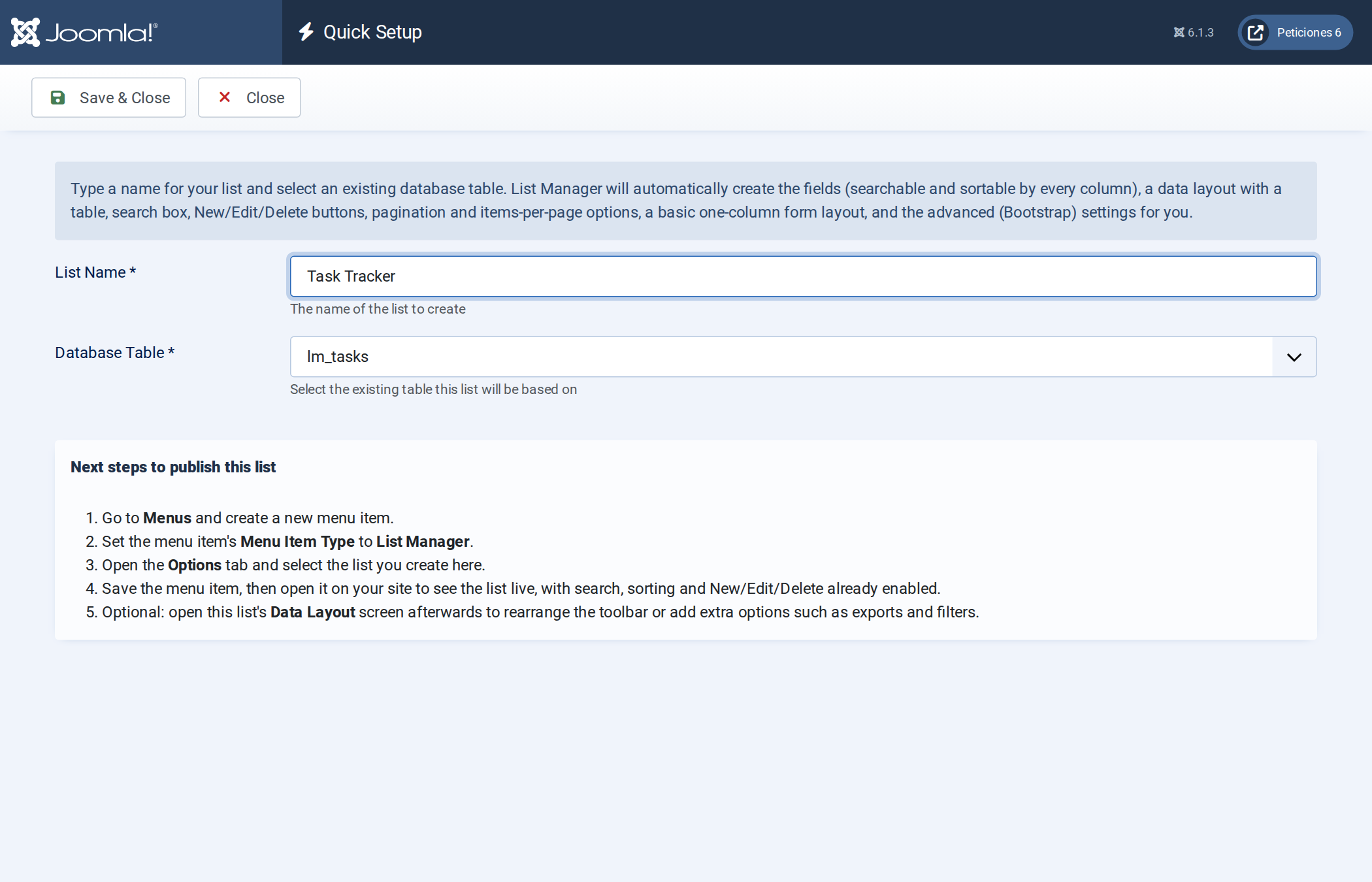 Quick Setup filled in: List Name and Database Table chosen Quick Setup filled in: List Name and Database Table chosen