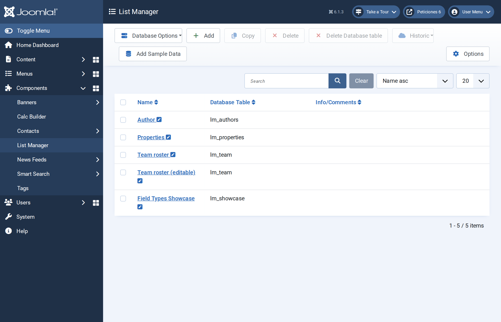 Two List Manager lists, both built on the same lm_team table.