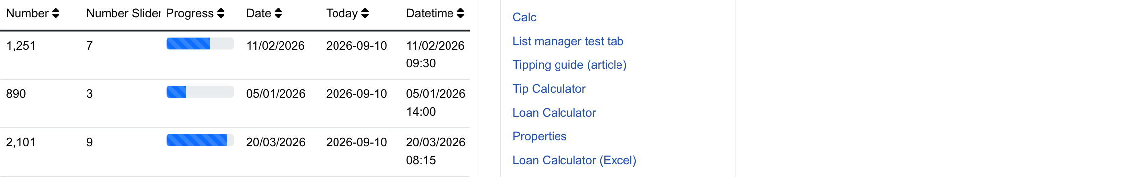 The Progress column rendered as bars in the list view (65%, 30%, 90%).